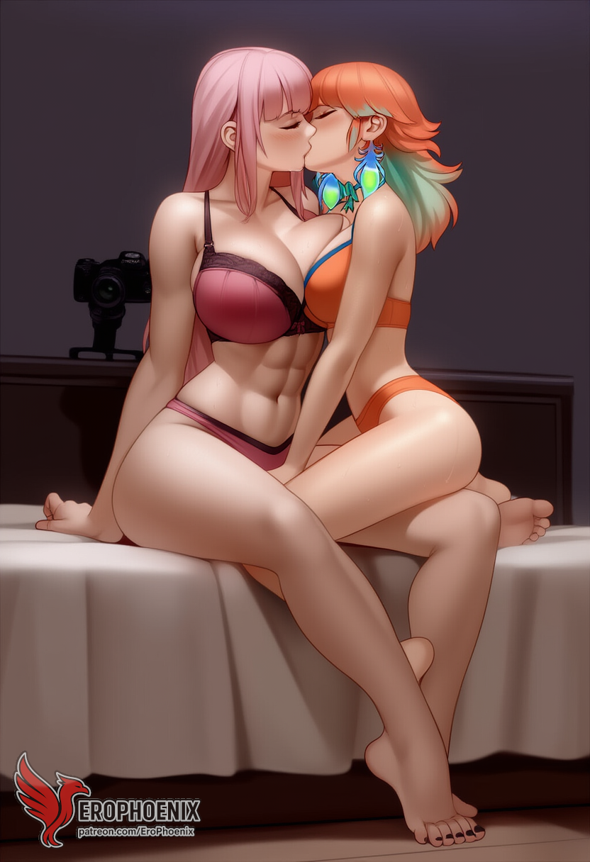 2d 2girls abs ai_generated all_fours ass barefoot big_ass big_breasts bra completely erophoenix feet female female_focus hololive hololive_english hololive_myth jewelry kissing kissing kneeling large_breasts long_hair mori_calliope multiple_girls naked nipples nude orange_hair pale_skinned_female panties patreon_username pink_eyes pink_hair pussy side_braid soles sweat sweating takanashi_kiara take_your_pick thick_thighs thighs toes underwear virtual_youtuber yuri yuri