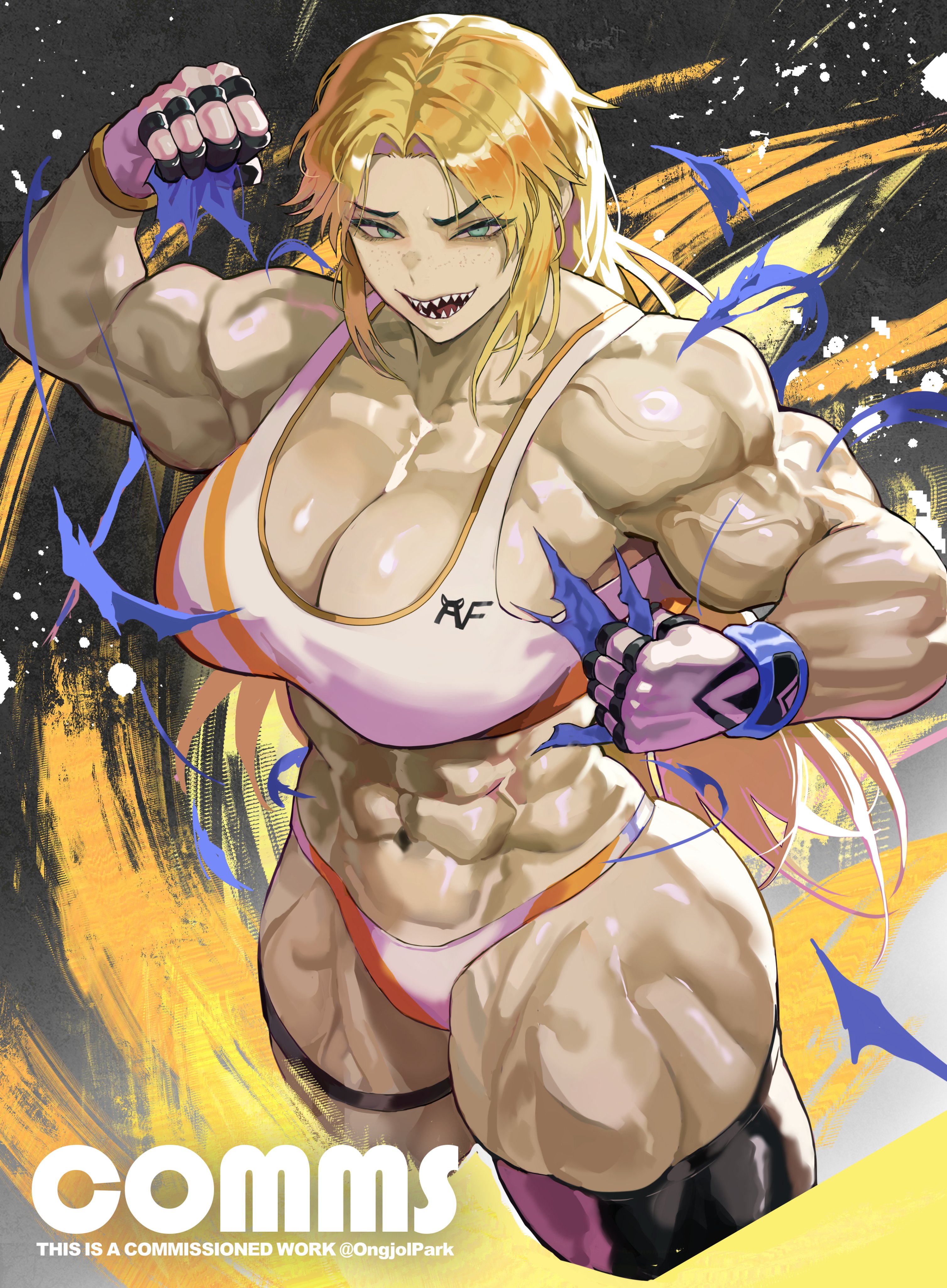 1girls, biceps, blonde-haired female, cassidy reed (trixvii011), child bearing hips, curvy female, female, female abs, fit female, green eyes, light skin, light-skinned female, long-haired female, muscular, muscular female, oc, ongjolpark, original, solo, sports bra, strong female