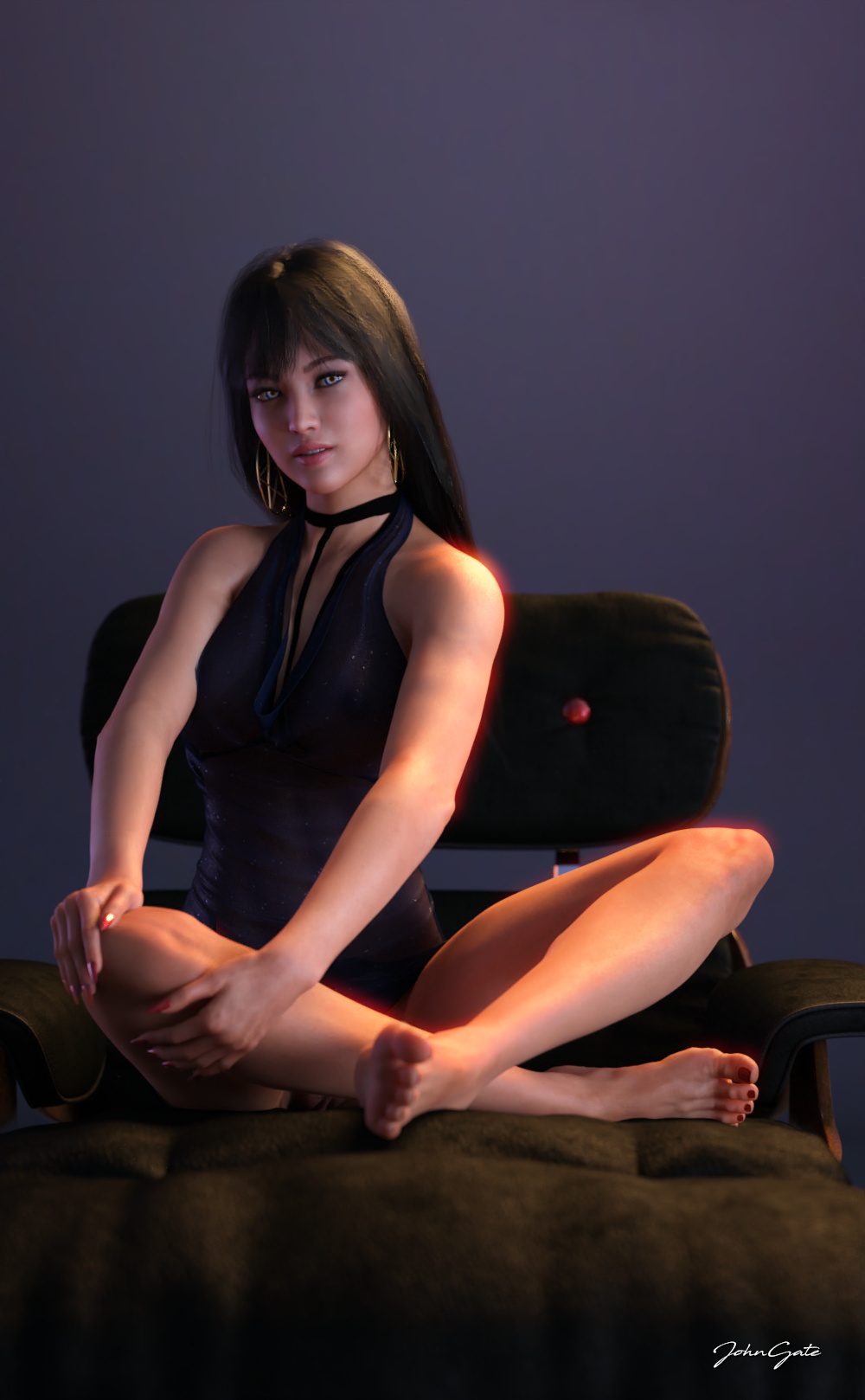 1girls 2019 3d asian asian_female black_hair clothed clothing earrings female female_only hoop_earrings johngate large_breasts looking_at_viewer mariko_(johngate) original original_character pentagram_earrings seated sitting slushe_(website) solo solo_female