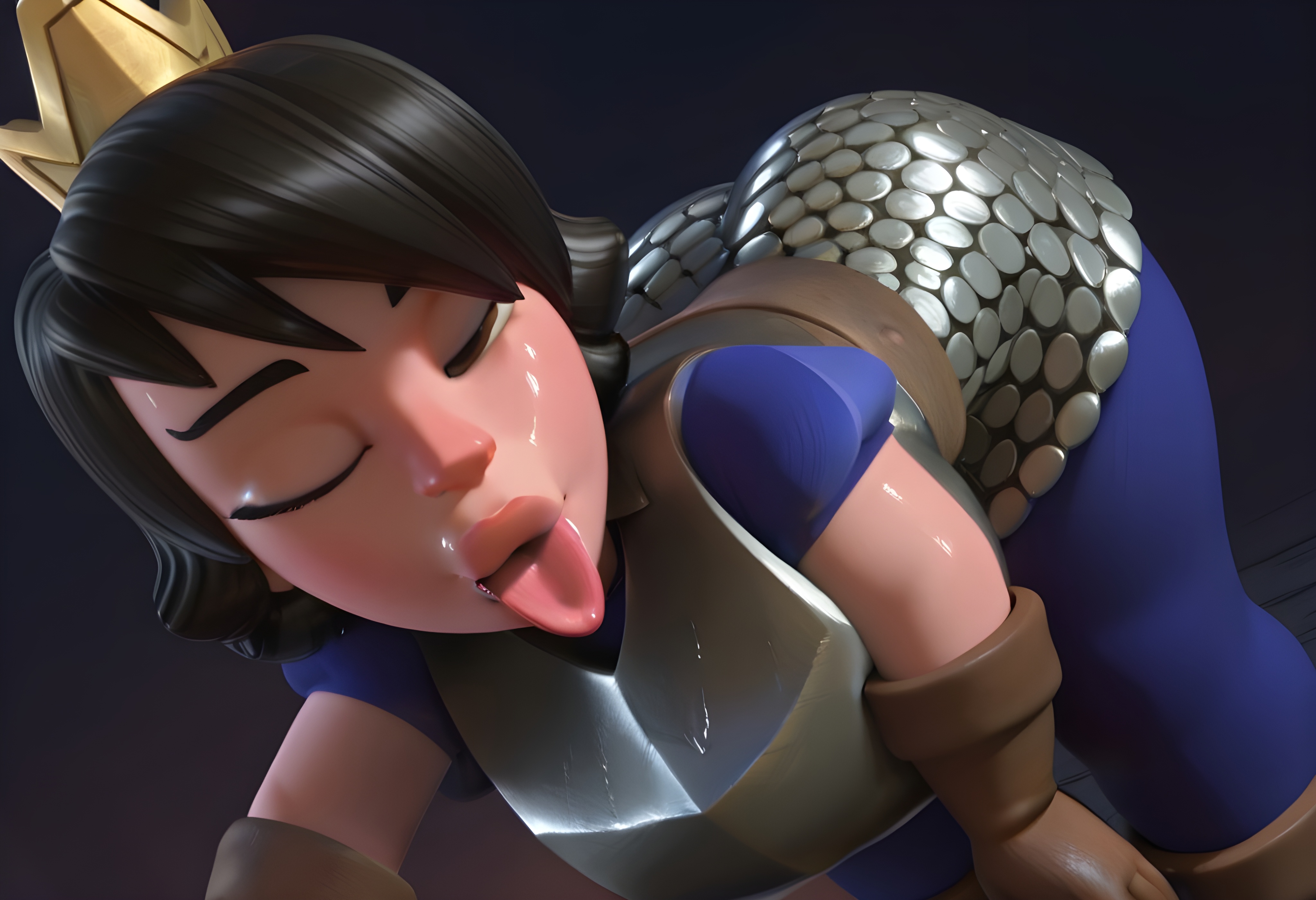 ai generated, armor, bending over, big breasts, black hair, blue princess (clash royale), breasts, clash (series), clash royale, female, gigantic breasts, hands on knees, jack-o pose, kissing, looking at viewer, one eye closed, princess (clash royale), puckered lips, short hair, supercell, wide hips