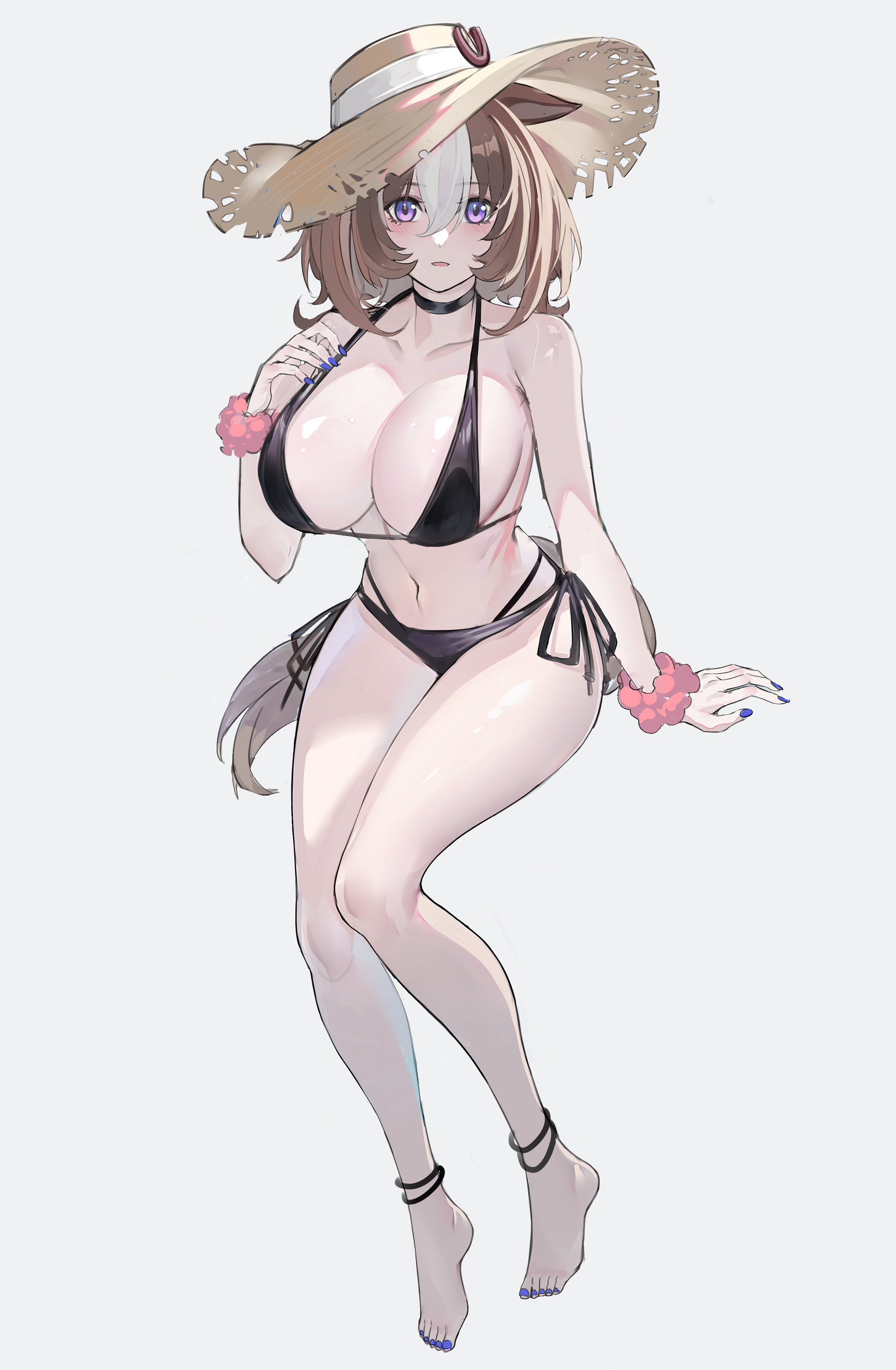 absurdres, alternate costume, animal ears, bikini, breasts, cleavage, collarbone, echj, female, full body, hair ornament, hat, highres, horse ears, horse girl, horse tail, large breasts, medium hair, meisho doto (umamusume), open mouth, purple eyes, simple background, solo, straw hat, swimsuit, tail, umamusume, white background