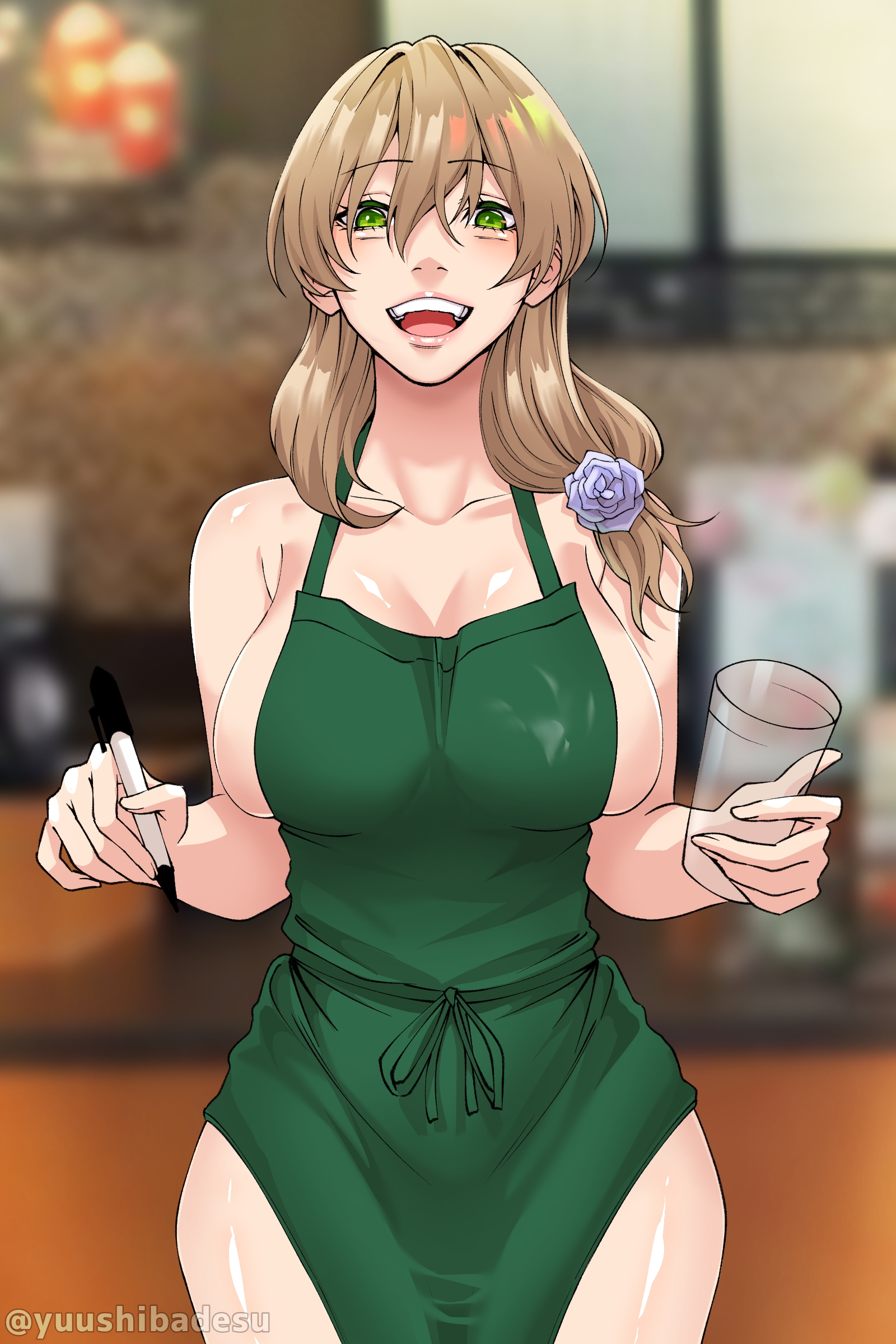 1girls, apron, bare shoulders, big breasts, breasts, clothed, clothes, clothing, cup, female, female only, genshin impact, green apron, green eyes, hips, hourglass figure, huge breasts, human, human only, humanoid, iced latte with breast milk, large breasts, lisa (genshin impact), long hair, looking at viewer, meme, smiling at viewer, solo, solo female, thick, thick thighs, thighs, voluptuous, wide hips, yuushiba