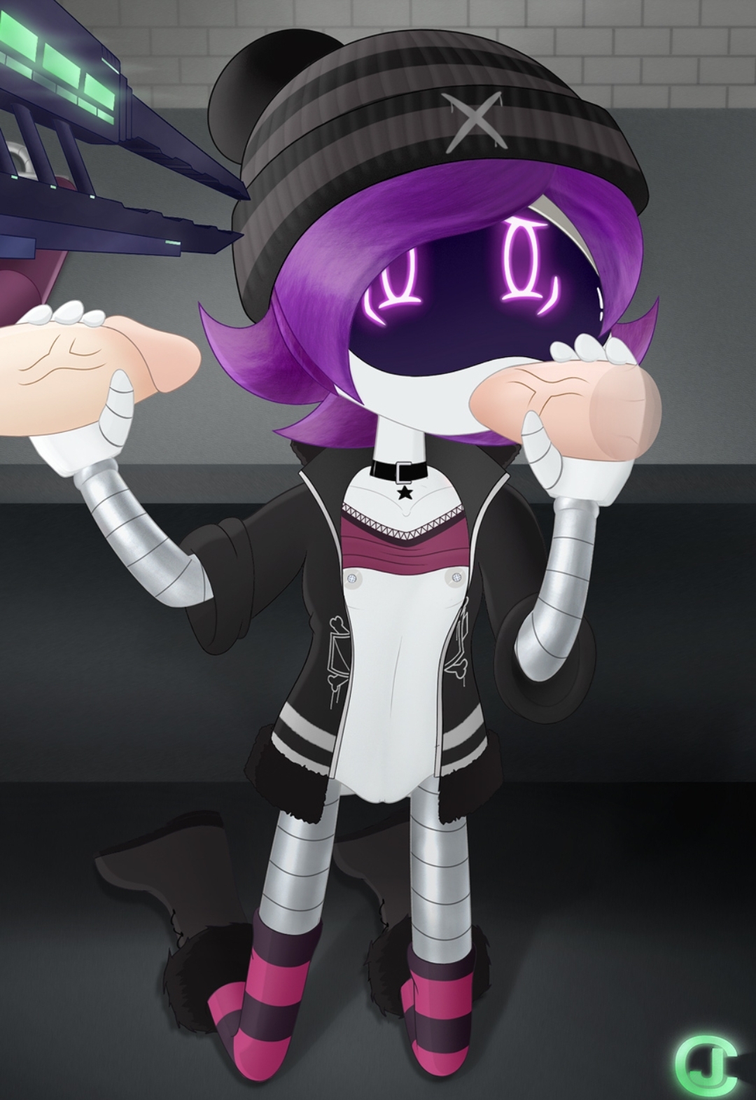 1girls, 2boys, 2d, artist logo, artist request, at gunpoint, battery, beanie, beanie hat, blowjob, boots, breasts, brick wall, cum, cum in mouth, female, forced, glitch productions, human, humanoid, jacket, jacket open, k, male, male on female, multiple penises, murder drones, murder drones x humans, necklace, nipples, partially nude, penis, purple eyes, purple hair, pussy, robot, robot girl, robot humanoid, robot joints, robotic arm, robotic limb, rolled up sleeves, scared, screen face, sex, shirt lift, small breasts, striped socks, uzi (murder drones), weapon