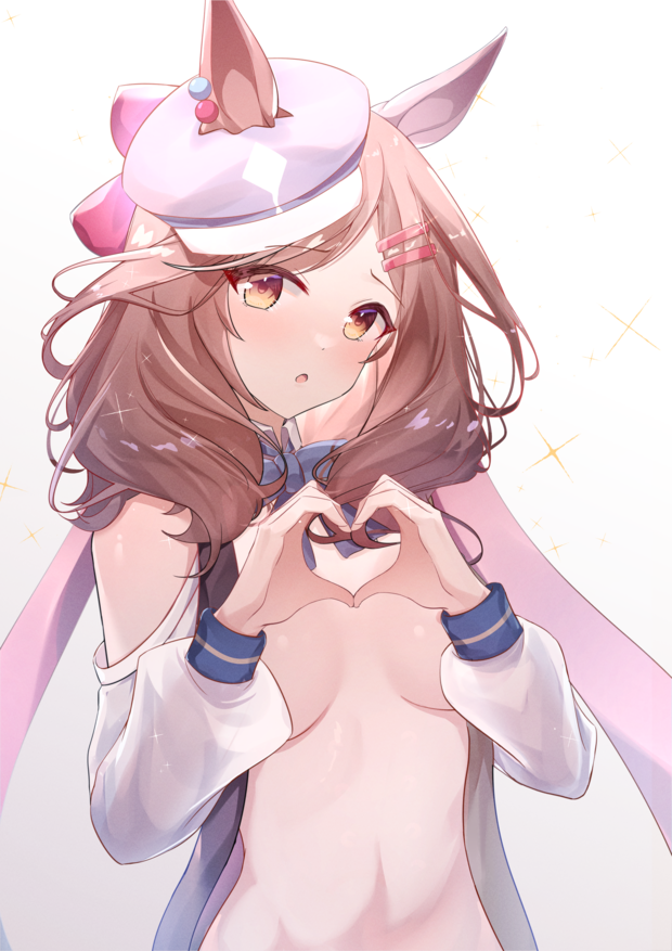 animal_ears blush breasts brown_hair cabbie_hat commentary_request elanore female hair_ornament hairclip hat heart heart_hands horse_ears horse_girl looking_at_viewer matikane_tannhauser_(umamusume) medium_breasts medium_hair open_clothes open_mouth pouch ribbon sparkle umamusume white_background