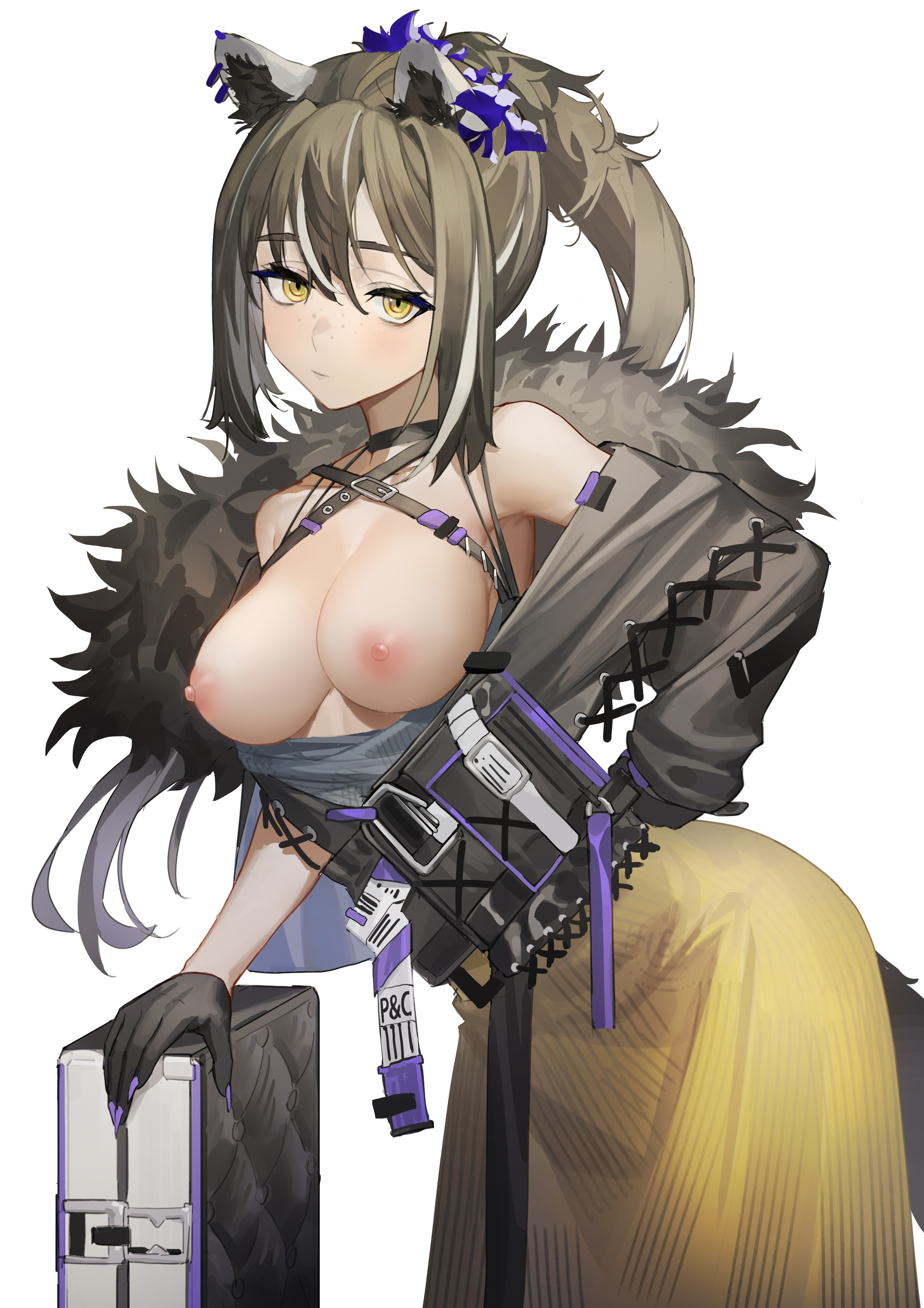 1girls, animal ears, areolae, arknights, artist request, bare shoulders, big breasts, blush, bored, breasts, breasts out, brown hair, clothed, exposed breasts, female, female only, freckles, fur trim, gloves, highres, light skin, light-skinned female, long hair, long skirt, looking at viewer, nipples, ponytail, presenting, presenting breasts, robin (arknights), skirt, solo, tail, tired, tired eyes, unicorn, uniform, white background, yellow eyes