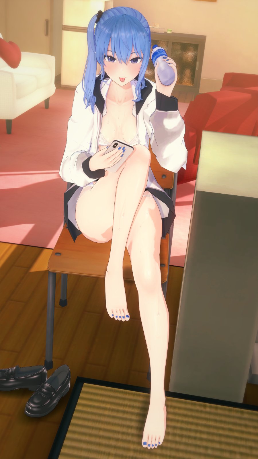 3d, barefoot, feet, female, hololive, hololive gen 0, hololive japan, hoshimachi suisei, jacket only, tagme, virtual youtuber, wataamage, water bottle