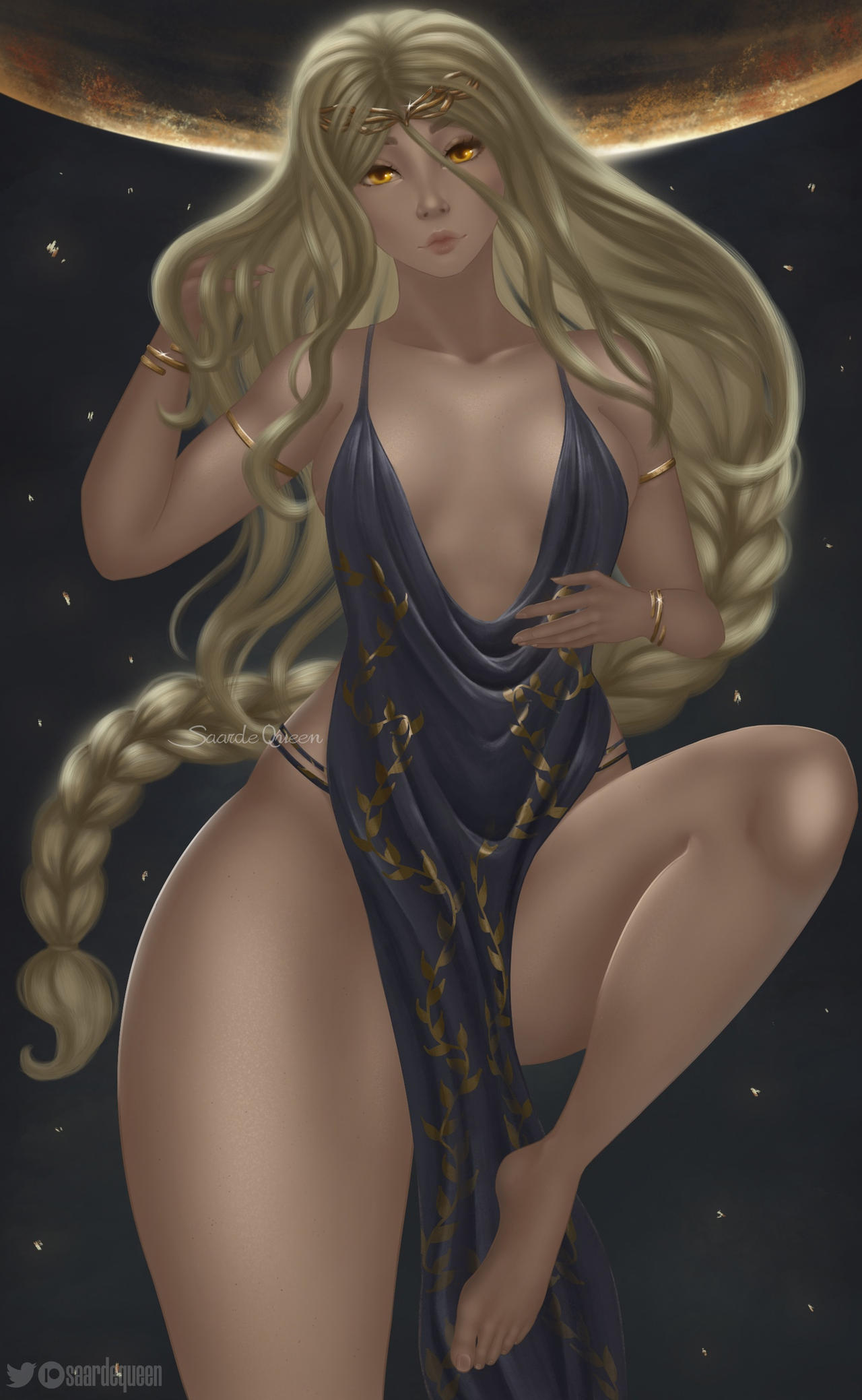 1girls, armbands, ass, big ass, big breasts, blonde hair, bracelets, braid, breasts, circlet, dress, elden ring, feet, female, female only, fromsoftware, goddess, gold (metal), light skin, light-skinned female, milf, queen marika the eternal, saarde queen, solo, thick thighs, wide hips