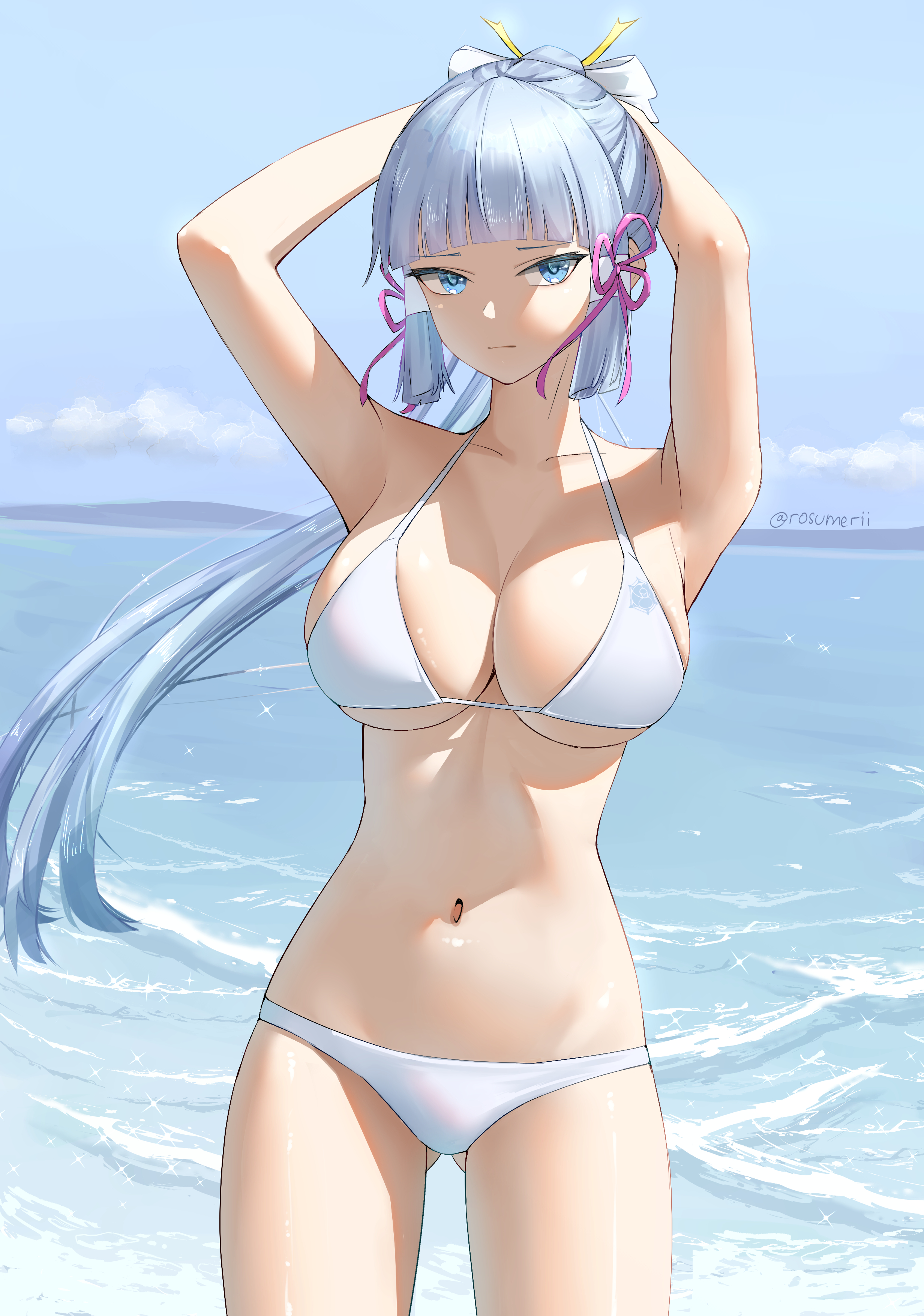 1girls, annoyed, aqua eyes, aqua hair, armpits, ass visible through thighs, belly, big breasts, bra, breasts, emotionless, emotionless female, female, female only, genshin impact, hair ribbon, hands behind head, highres, indifference, indifferent, kamisato ayaka, large breasts, legs, light skin, long hair, looking away, navel, ocean, outdoors, outside, panties, parody, ponytail, rosumerii, solo, standing, swimsuit, unamused, unbothered, uncaring, unenthusiastic, white bra, white panties, white swimsuit