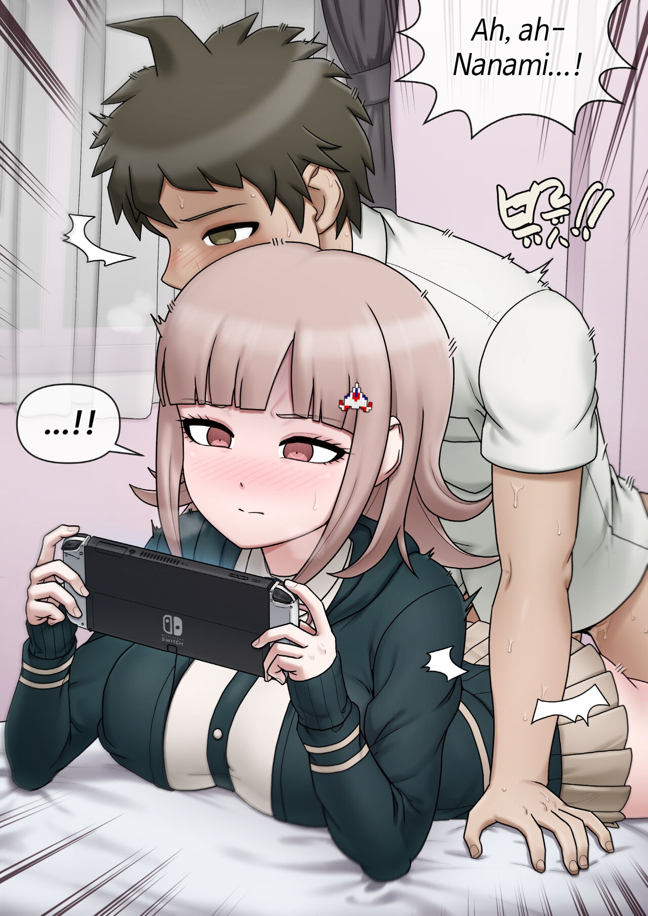 ass, breasts, clothed sex, danganronpa, danganronpa 2: goodbye despair, english text, female, hinata hajime, large breasts, mackgee, maggea22, male, multitasking, nanami chiaki, nintendo switch, no panties, penetration, penis, sex, straight hair, text