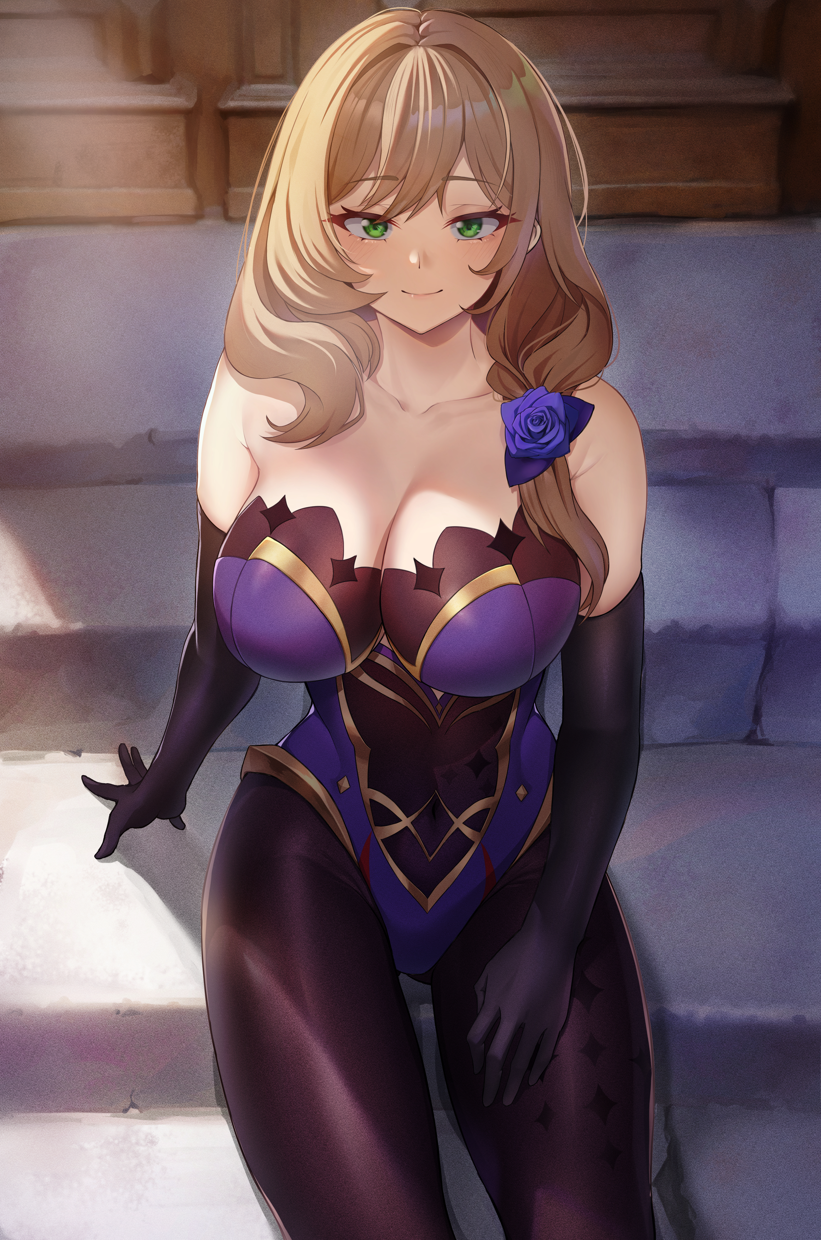 1girls, breasts, female, female only, genshin impact, gloves, green eyes, klee08, light skin, light-skinned female, lisa (genshin impact), long hair, looking at viewer, mona (genshin impact) (cosplay), solo, thighs, voluptuous