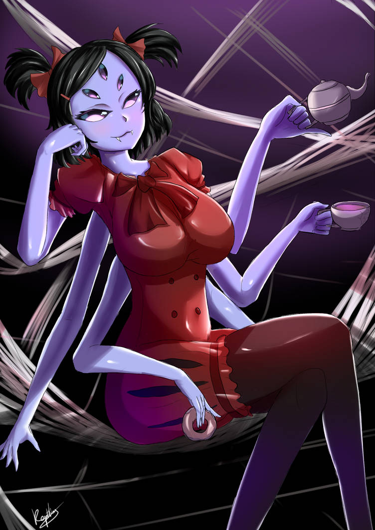 1girls 2d 5_eyes artist_request big_breasts black_hair female female_only holding_coffee_cup holding_coffee_mug holding_object holding_teapot humanoid muffet sitting solo spider tagme tagme_(artist) undertale undertale_(series)