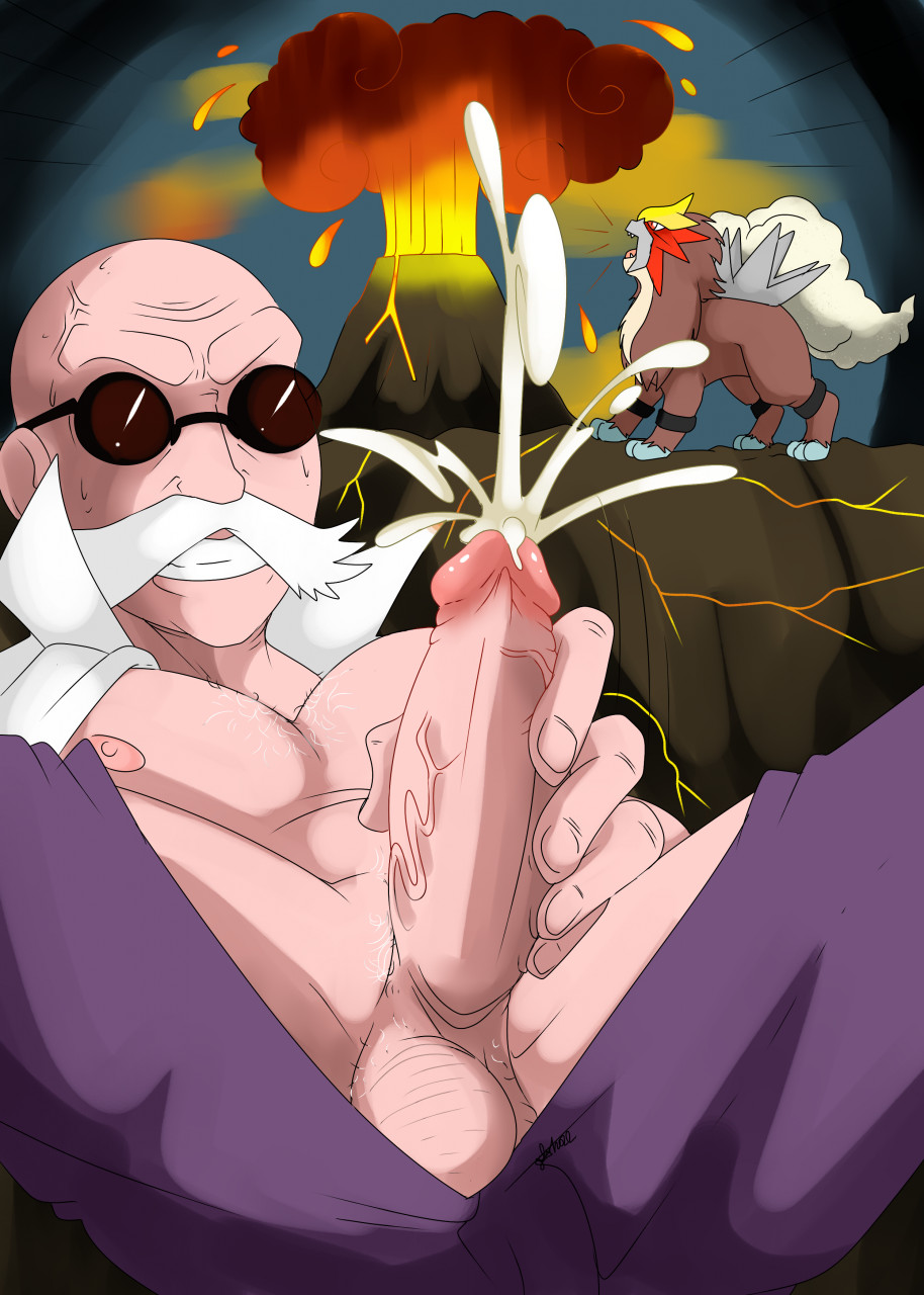 bald blaine_(pokemon) cum ejaculation entei erection grin katsura_(pokemon) male male_focus masturbation moustache nelsonnoir pokemon pokemon_rgby solo_focus sunglasses veiny_penis volcano