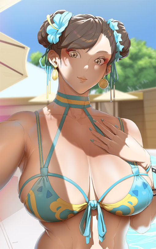 big breasts, bikini, bikini top, breasts, chun-li, cleavage, female, light skin, light-skinned female, looking at viewer, selfie, solo, street fighter, swimsuit