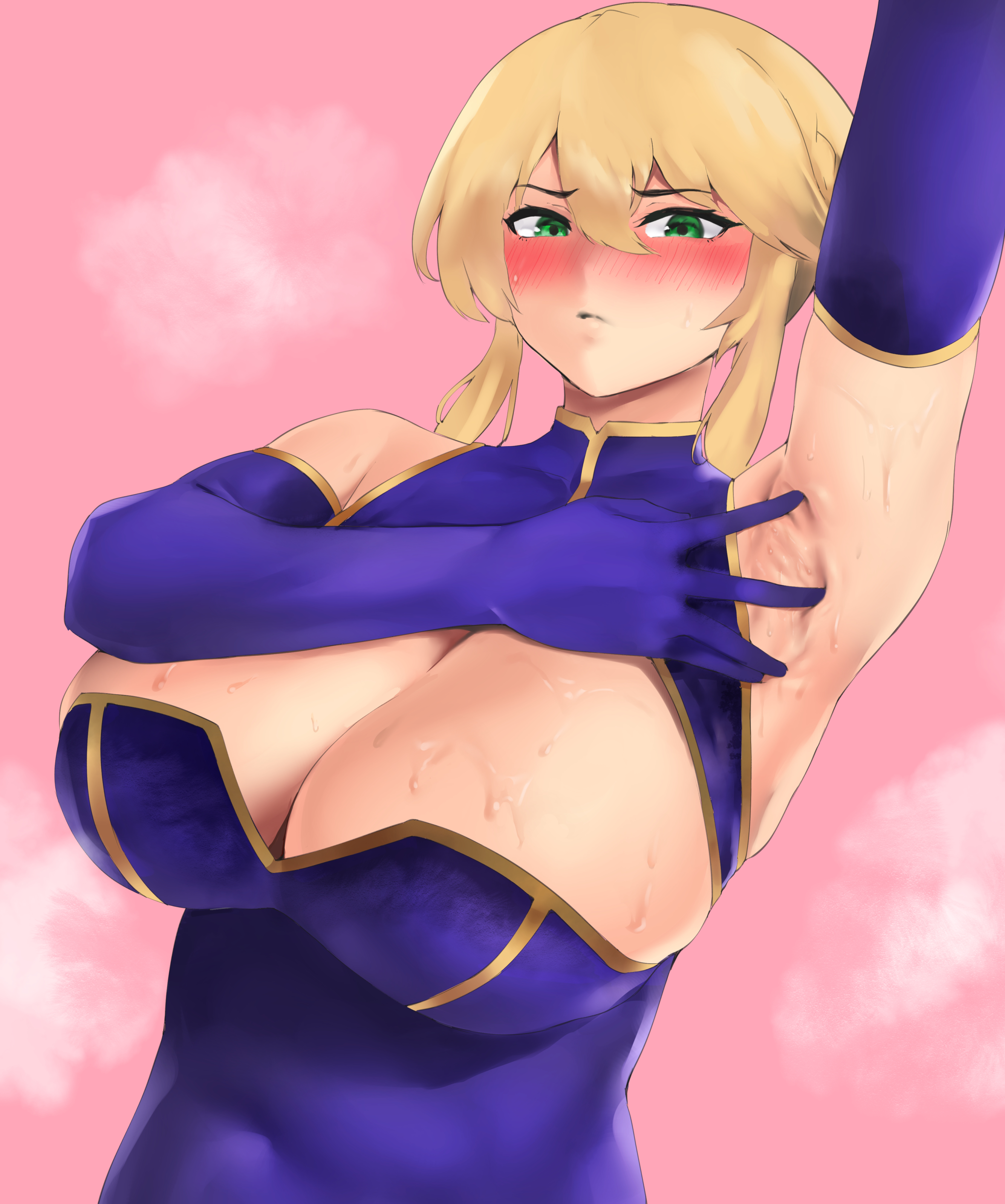 1girls, armpit, armpit spread, armwear, artoria pendragon, artoria pendragon (lancer), big breasts, blonde hair, blush, breasts, busty, clothed, clothed female, fate (series), fate/grand order, female, female only, green eyes, hand up, huge breasts, human, large breasts, solo, solo female, sweat, sweaty, yotahen, yotamono