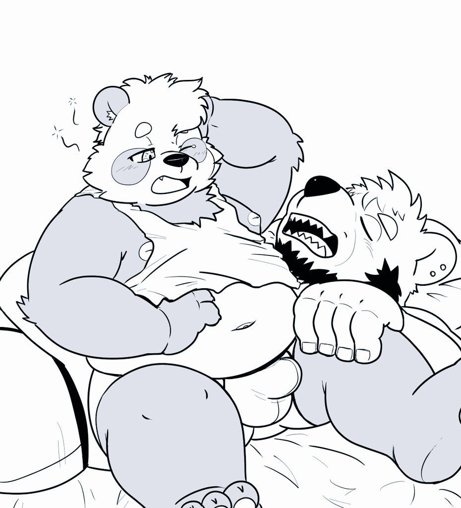 2022 anthro beard belly bulge clothing duo ear_piercing ear_ring facial_hair giant_panda humanoid_hands kemono lying male male/male mammal moobs navel nipples one_eye_closed overweight overweight_male piercing sangguri_32 sitting sleeping tired underwear ursid