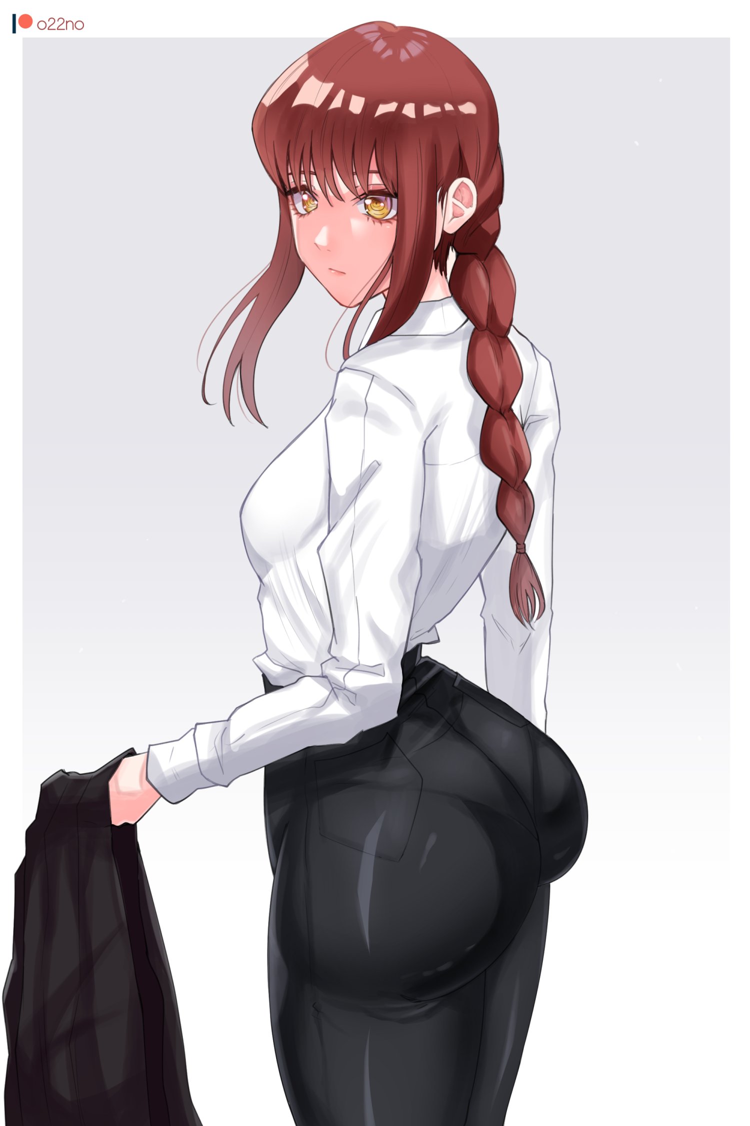 ass, ass focus, big ass, big breasts, braid, breasts, business suit, business woman, chainsaw man, female, huge ass, huge butt, makima (chainsaw man), o22no, office lady, pantylines, red hair, redhead, tight clothing