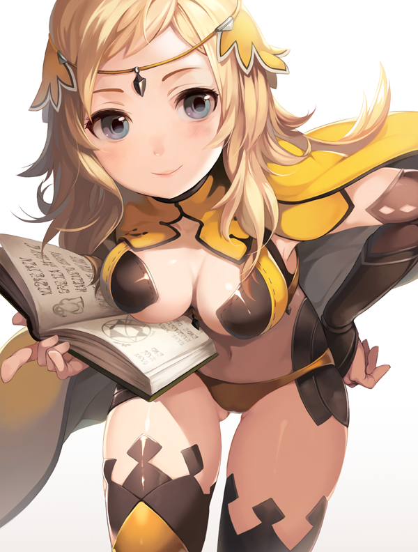 1girls ass_visible_through_thighs bad_id bad_pixiv_id bare_thighs black_gloves black_legwear blonde_hair blush book breasts bridal_gauntlets cape center_opening circlet cleavage commentary_request elbow_gloves female female female_only fire_emblem fire_emblem_fates gloves grey_eyes hand_on_hip holding holding_book holding_weapon leaning_forward long_hair looking_at_viewer medium_breasts navel nintendo ophelia_(fire_emblem) panties riku_(wana) smile solo thighhighs thighs underwear weapon yellow_panties