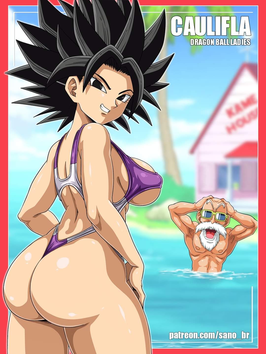 1girls, ass, beach, big ass, bikini, black eyes, black hair, breasts, caulifla, dragon ball, dragon ball super, female, male, master roshi, one-piece swimsuit, purple swimsuit, saiyan, sano-br, shounen jump, swimsuit