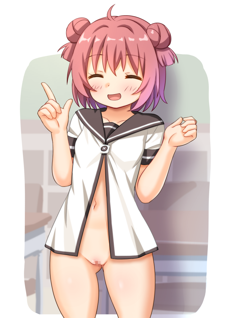 ahoge akaza_akari blush border bottomless breasts cedar_(artist) classroom collarbone double_bun eyebrows_visible_through_hair female hair_bun index_finger_raised indoors nanamori_school_uniform navel no_panties open_mouth pussy red_hair school_uniform shiny shiny_hair shiny_skin small_breasts smile solo standing white_border yuru_yuri