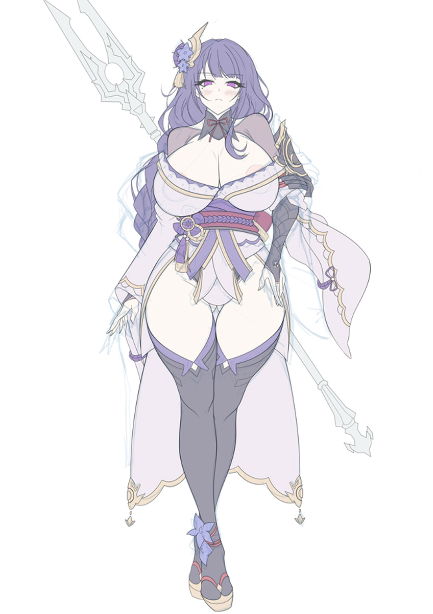 areolae, big breasts, breasts, female, genshin impact, hips, huge breasts, kimono, oguwooo, purple hair, raiden shogun, thick, thick thighs, thighs, waist