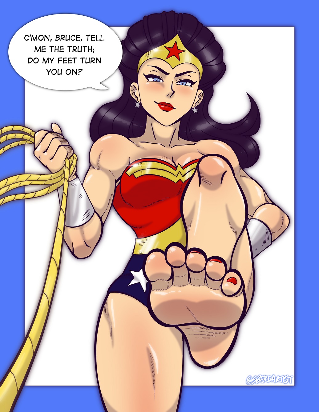 amazon athletic_female batman black_hair blue_eyes blush bruce_wayne cleavage dc dc_comics dialogue diana_prince feet femdom fit_female foot_fetish foot_focus lasso_of_truth makeup male_pov malesub nail_polish painted_toenails pov speech_bubble star_earrings szeroart unseen_character wonder_woman wonder_woman_(series)