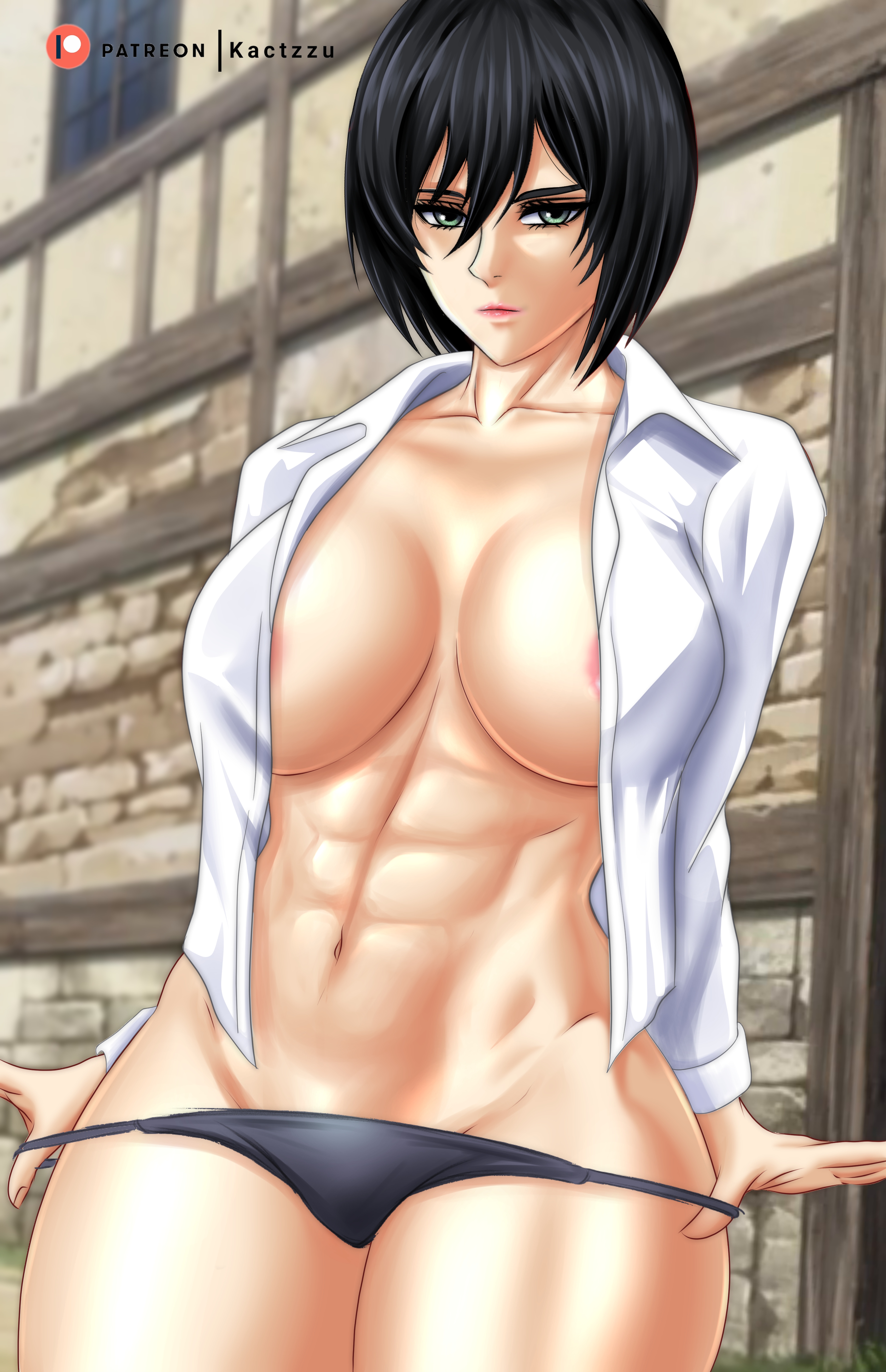 1girls, abs, adonis belt, areolae, asian, asian female, athletic, athletic female, attack on titan, big breasts, breasts, chiseled, chiseled abs, female, female abs, female only, fit, fit female, kactzzu, mikasa ackerman, muscular, muscular abdomen, muscular abs, panties, panties pull, pulling down panties, pulling panties, shingeki no kyojin, short hair, short-haired female, solo, thick thighs