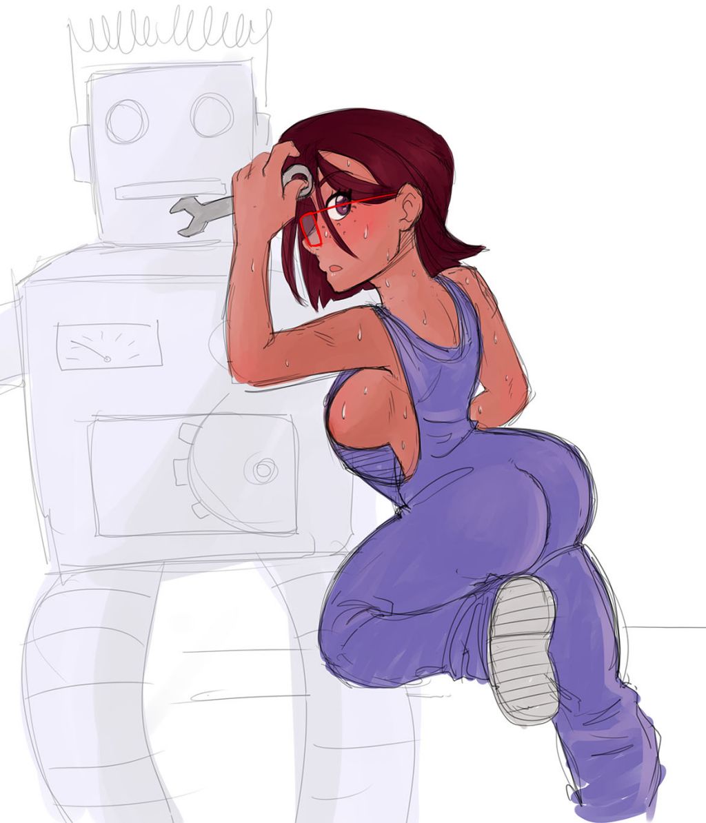 1girls big_breasts crimson_hair dark_red_hair looking_at_viewer looking_back looking_behind maru_(stardew_valley) purple_eyes robot sideboob stardew_valley sweat sweatdrop sweating tagme zephyre