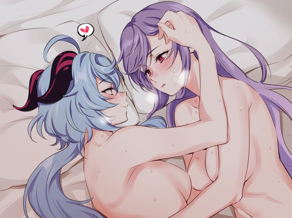 2girls blue_hair breath completely_nude eye_contact ganyu_(genshin_impact) genshin_impact goat_horns horns keqing_(genshin_impact) long_hair looking_at_another multiple_girls negom nude purple_hair sweat yuri