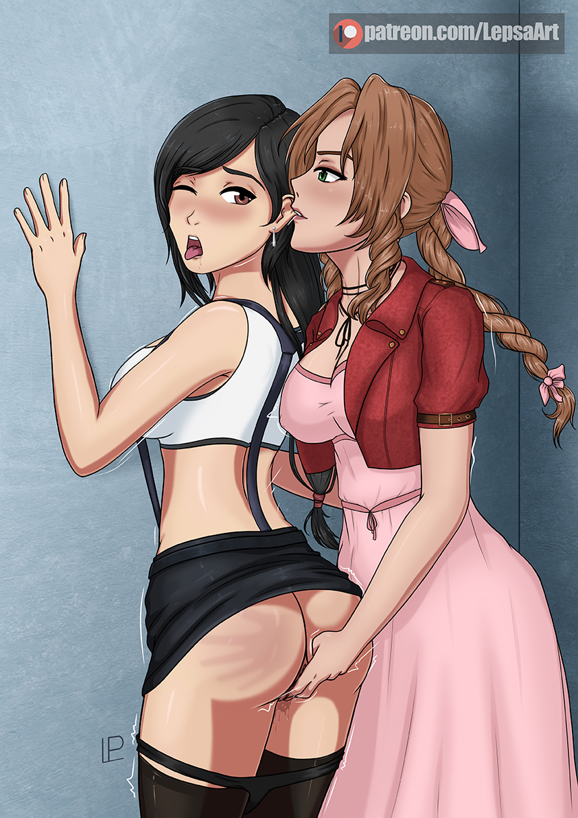 2girls aerith_gainsborough ass big_breasts black_hair blush brown_eyes brown_hair clothing dress erect_nipples erect_nipples_under_clothes female final_fantasy final_fantasy_vii fingering green_eyes large_breasts lepsa lepsa_(artist) lepsaart multiple_girls one_eye_closed panties pleasure_face skirt spank_marks square_enix stockings tifa_lockhart tongue_out yuri