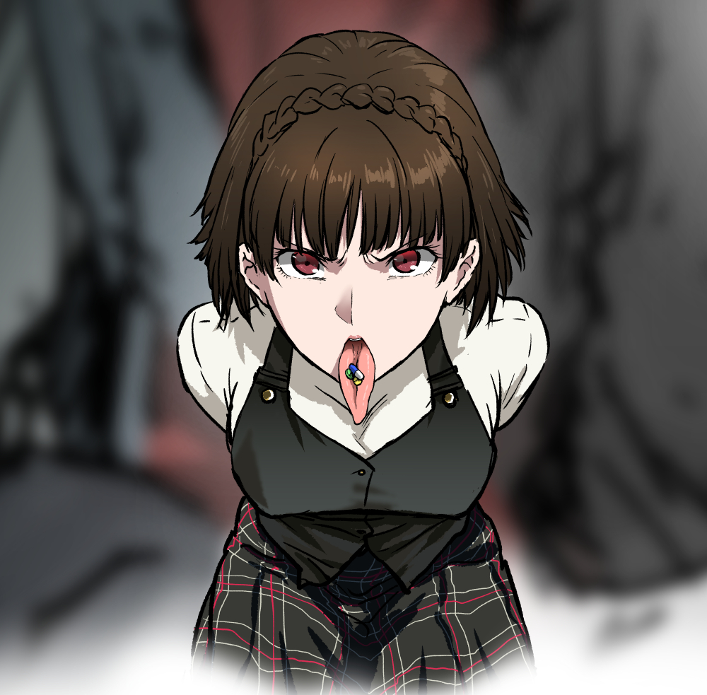 1girls ahegao00 ahemaru angry arms_behind_back black_hair blackmail breasts drugs femsub forced glaring looking_at_viewer makoto_niijima maledom open_mouth persona persona_5 pills red_eyes short_hair small_breasts tongue tongue_out