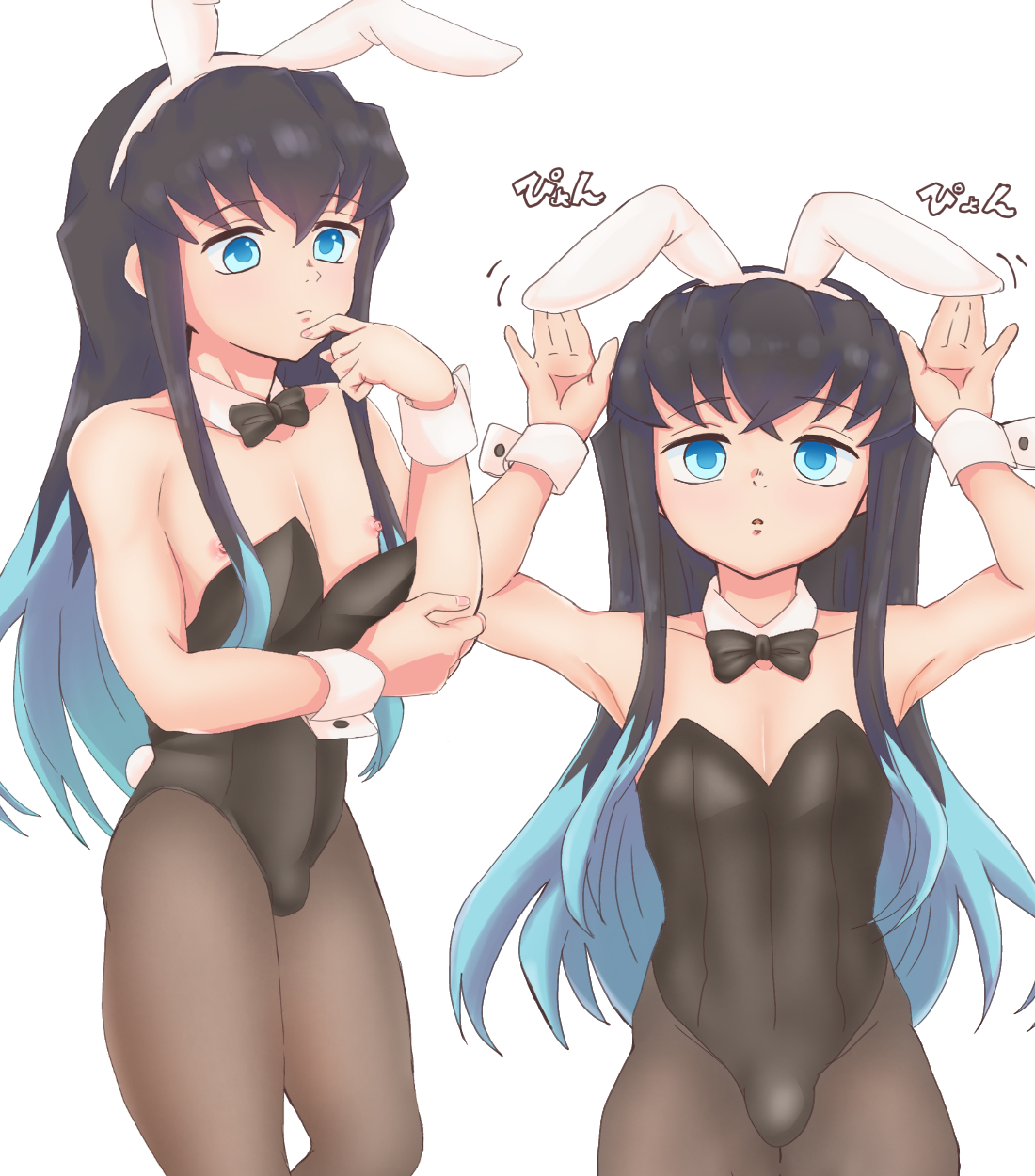 2boys, alternate costume, androgynous, aqua eyes, black hair, blue eyes, bowtie, brother, brothers, bulge, bunny boy, bunny ears, bunny tail, bunnysuit, demon slayer, detached collar, femboy, kimetsu no yaiba, long hair, long-haired male, looking at viewer, male, male only, male playboy bunny, muichiro tokitou, pantyhose, siblings, twins, two-tone hair, wrist cuffs, yuichiro tokitou