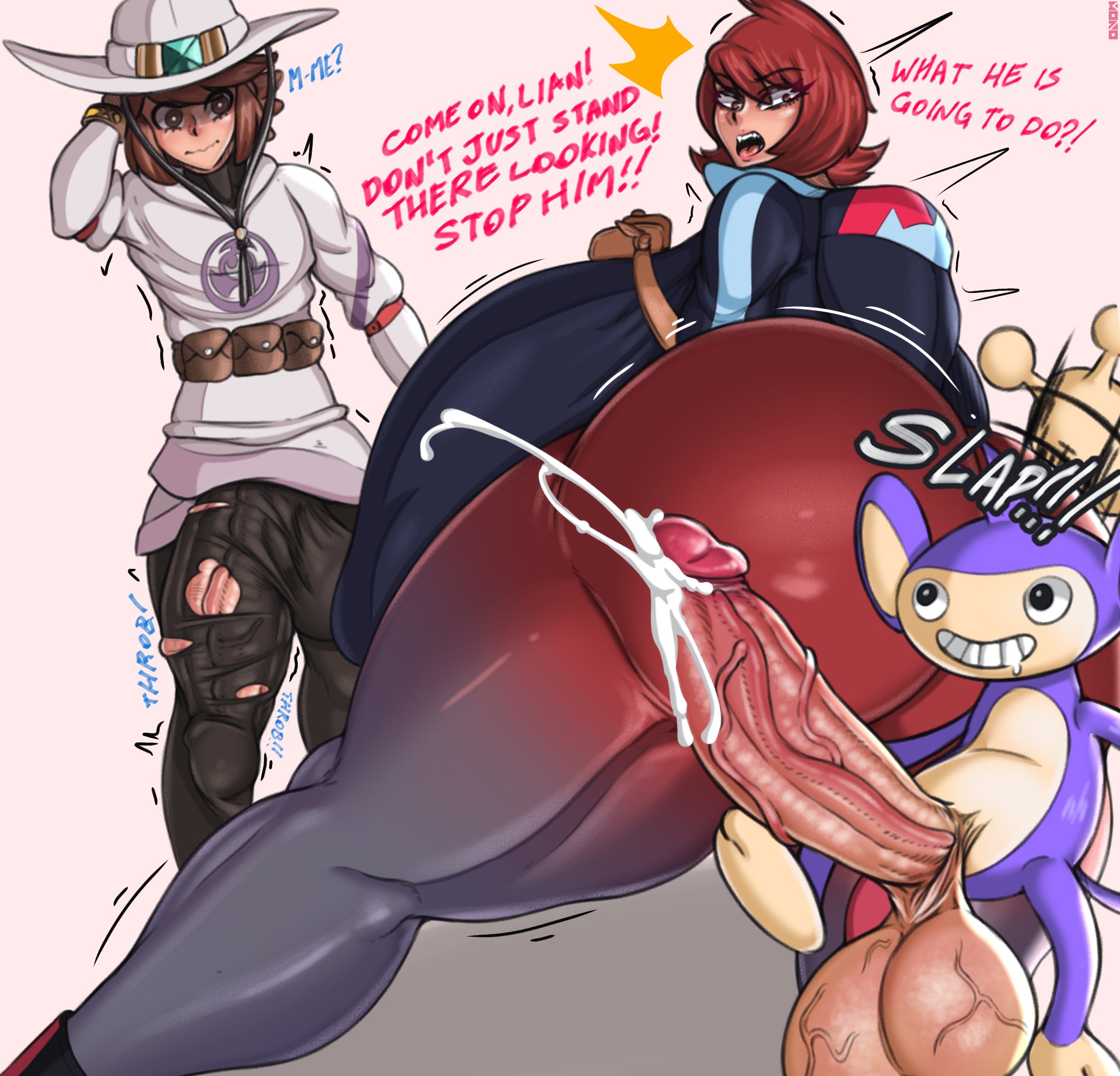 2022, aipom, aomokoka, arezu (pokemon), ass, balls, breasts, breasts bigger than head, bulge, female, gigantic ass, gigantic breasts, huge balls, hyper, hyper balls, hyper breasts, hyper penis, lian (pokemon), male, nintendo, penis, pokémon (species), pokemon, pokemon (species), pokemon legends: arceus, pokephilia, small but hung, veiny penis