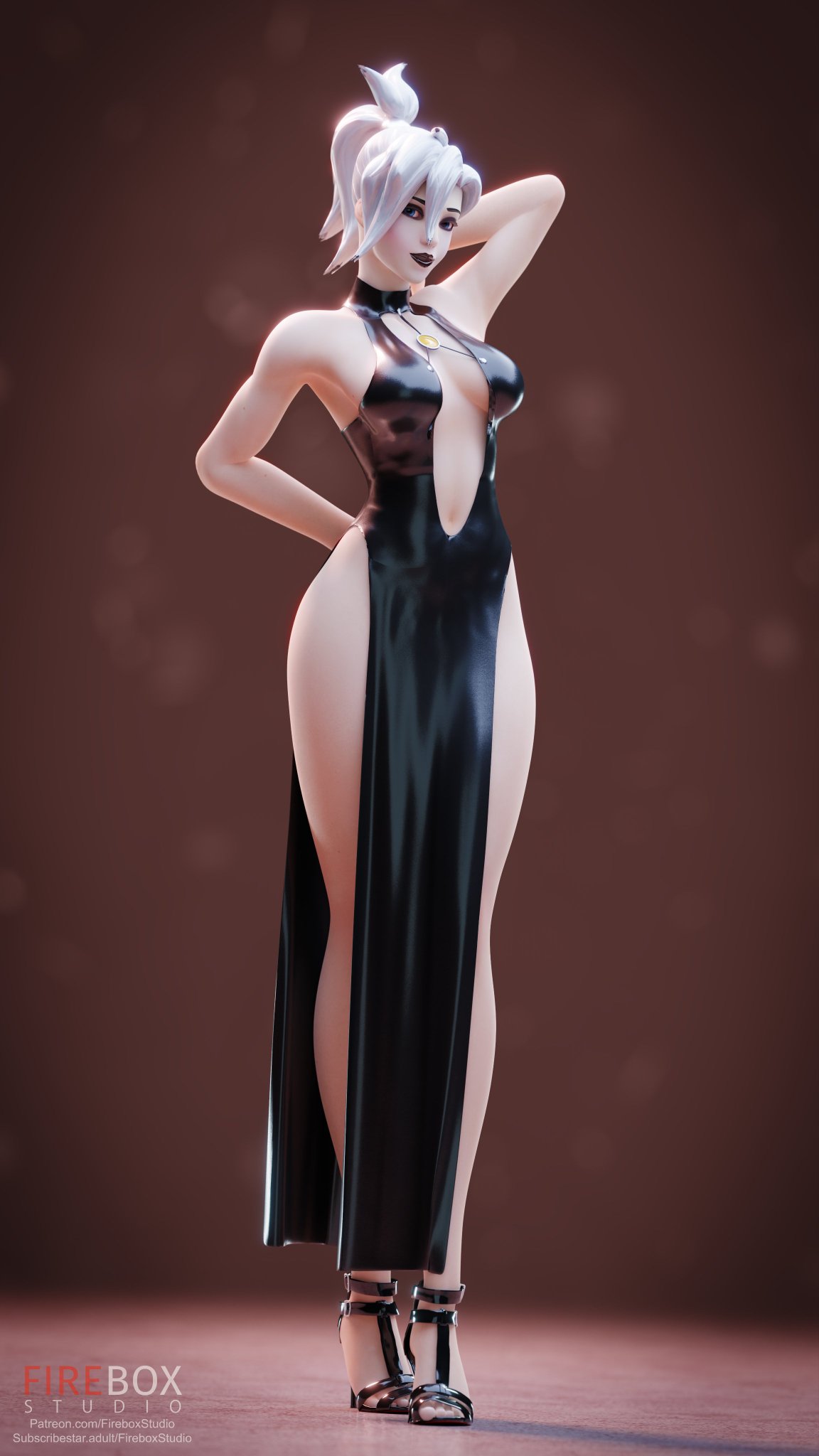 1girls, 3d, 9:16, alternate costume, angela ziegler, black dress, black lipstick, breasts, cleavage, dress, exposed shoulders, eyeliner, eyeshadow, female, female only, fireboxstudio, goth, grey hair, heels, high heels, inner sideboob, lipstick, looking at viewer, lowres, makeup, medium breasts, mercy, navel, open toe shoes, overwatch, posing, revealing clothes, shoes, solo