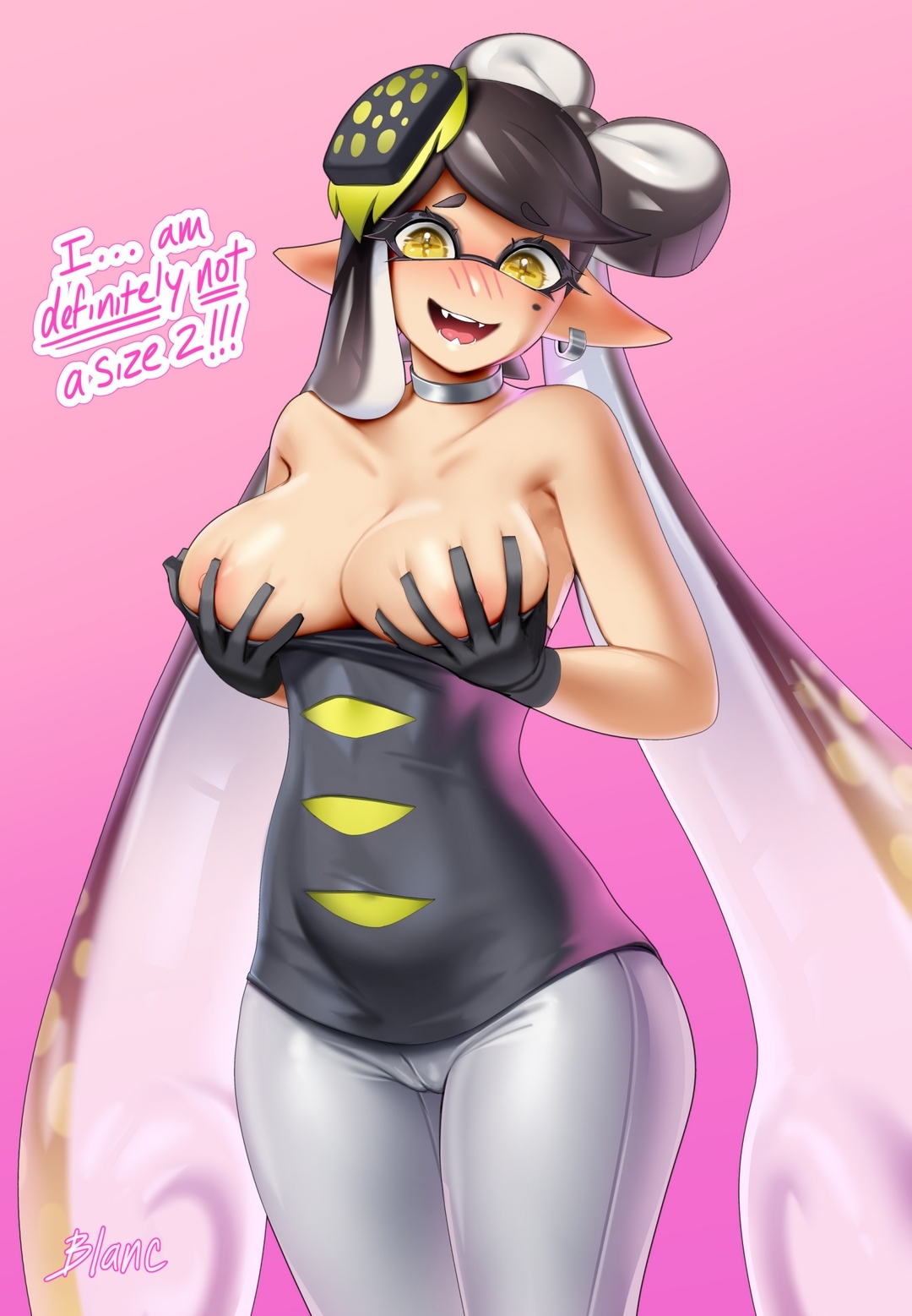 1girls, big breasts, blanc illust, blush, blushing, bow, breasts, callie (alterna), callie (splatoon), cameltoe, choker, earrings, eyelashes, female, gloves, holding breast, inkling, inkling girl, light skin, light-skinned female, long hair, mole, mole under eye, open mouth, pointy ears, pussy, smooth skin, solo, solo female, solo focus, splatoon, splatoon 3, splatoon 3: return of the mammalians, tentacle, tentacle hair