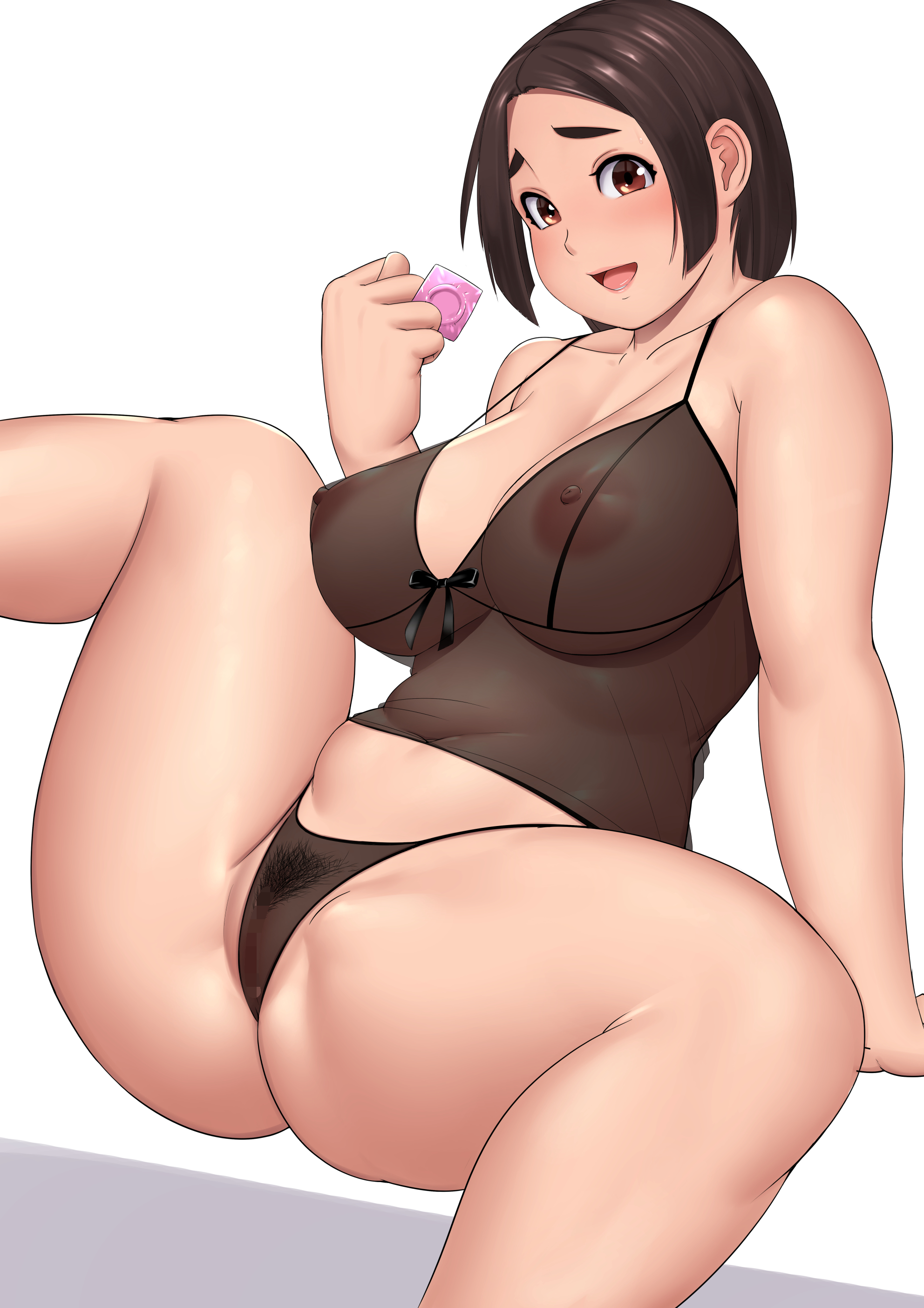 1girls, 2022, alternate version available, areola, babydoll, breasts, brown eyes, brown hair, censored, curvy, female, female focus, female only, female pubic hair, mature, mature female, milf, mosaic censoring, nemui333, nipples, original, original character, plump, pubic hair, short hair, simple background, solo, solo female, thick thighs, thighs