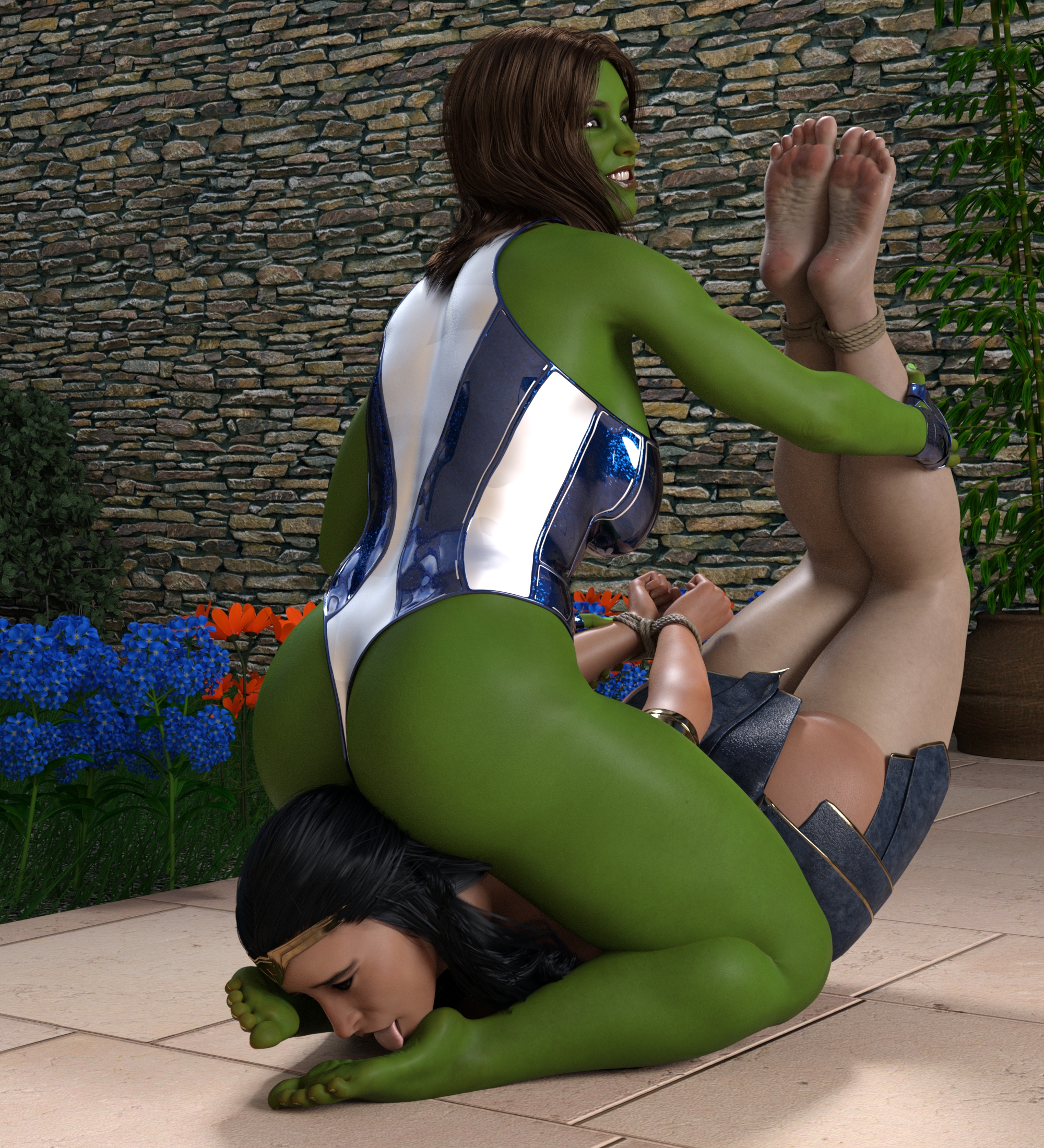 2girls, 3d, 3d (artwork), barefoot, crossover, dc, dc comics, facesitting, feet, female, female only, femdom, foot fetish, foot worship, green skin, licking feet, marvel, marvel comics, nightwingdomination, olive skin, she-hulk, tied wrists, wonder woman, wonder woman (series), yuri