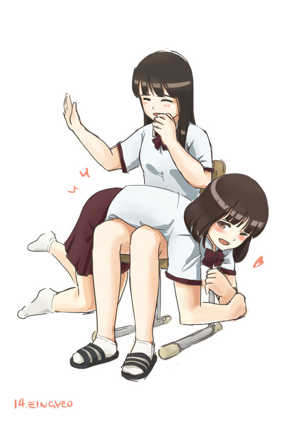 2girls anime_style asian asian_female brown_hair dominant_female eingyeo enjoying_spanking enjoyment femdom femsub having_fun light-skinned_female over_the_knee_spanking playful school_uniform schoolgirl skirt spanking submissive_female tagme willing_sub