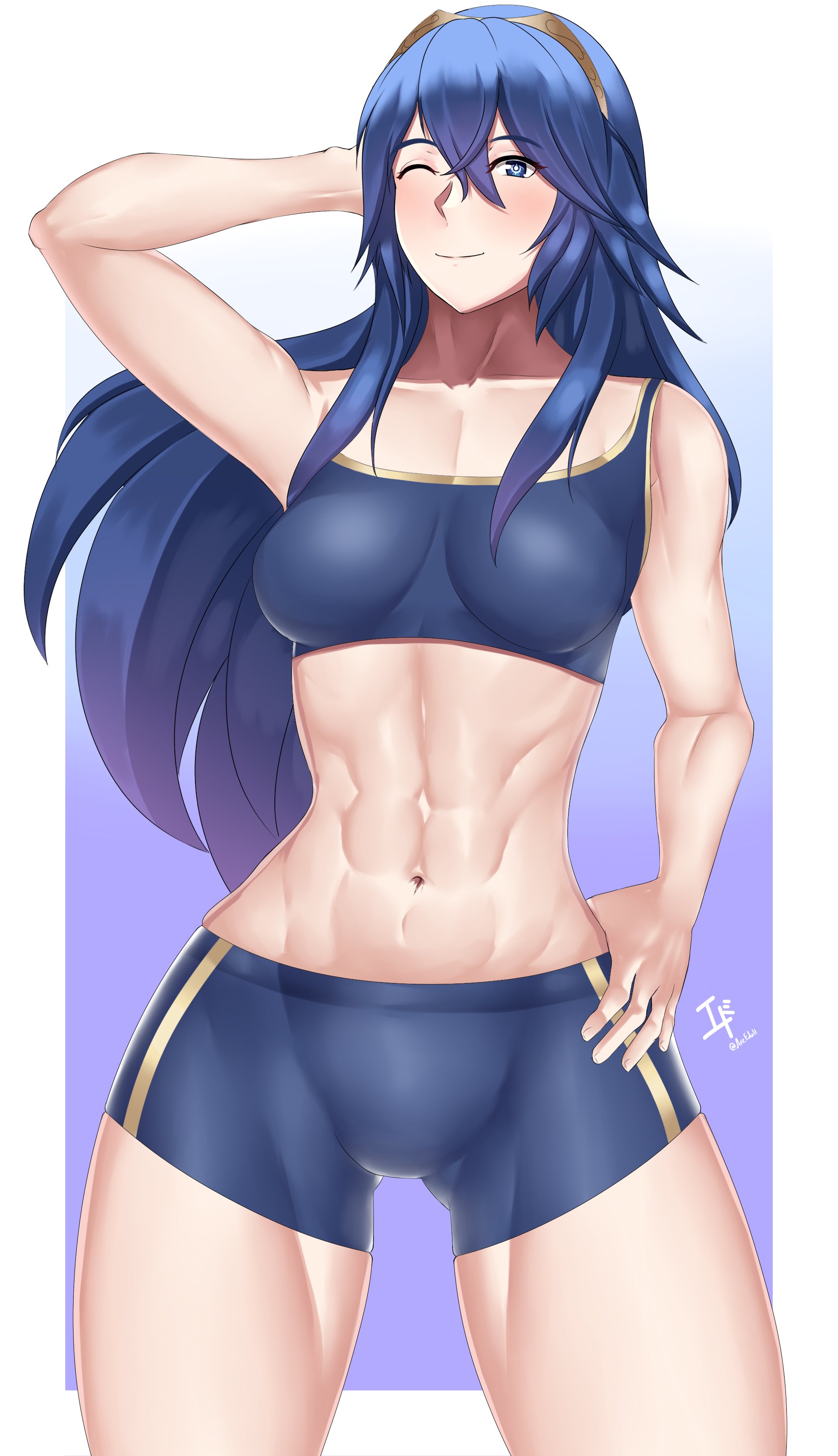 1girls, abs, abstract background, arc edo11, arcedo, artist logo, blue clothing, blue eyes, blue hair, blush, booty shorts, breasts, female, fire emblem, fire emblem awakening, gluteal fold, hand on head, hand on hip, lucina (fire emblem), medium breasts, muscles, muscular, muscular thighs, navel, nintendo, pose, princess, smile, sports bra, symbol-shaped pupils, tiara, toned, toned female, wink, workout clothes