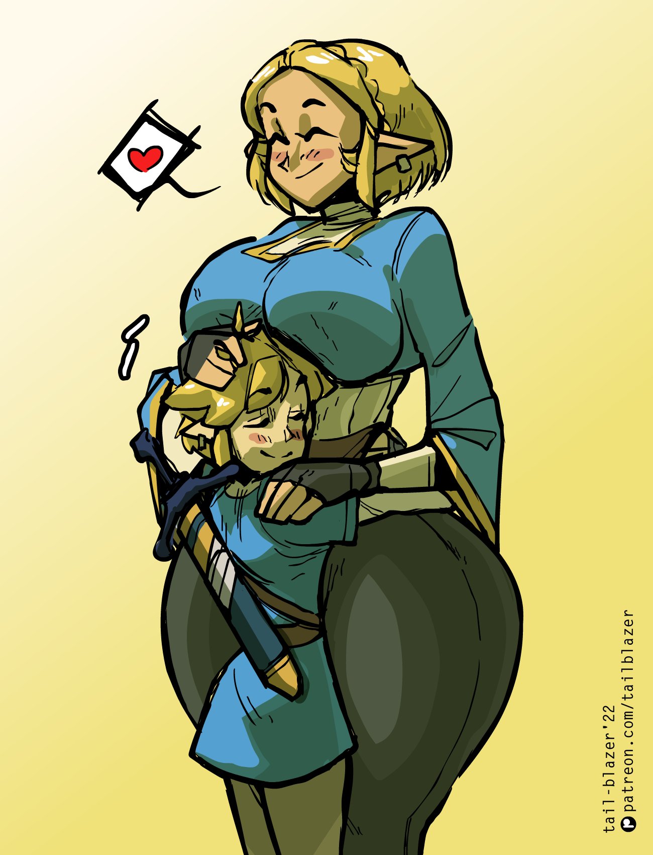 1boy 1girls 2022 arms_around_waist artist_name blush breasts breath_of_the_wild closed_eyes crown_braid elf_ears female heart hug huge_breasts hugging larger_female link link_(breath_of_the_wild) master_sword mini_giantess nintendo patreon_logo patreon_url princess_zelda safe_for_work sfw sheathed_sword short_blonde_hair short_hair size_difference smaller_male smile speech_bubble spoken_heart tail-blazer tears_of_the_kingdom the_legend_of_zelda thick_thighs wholesome wide_hips zelda_(tears_of_the_kingdom)