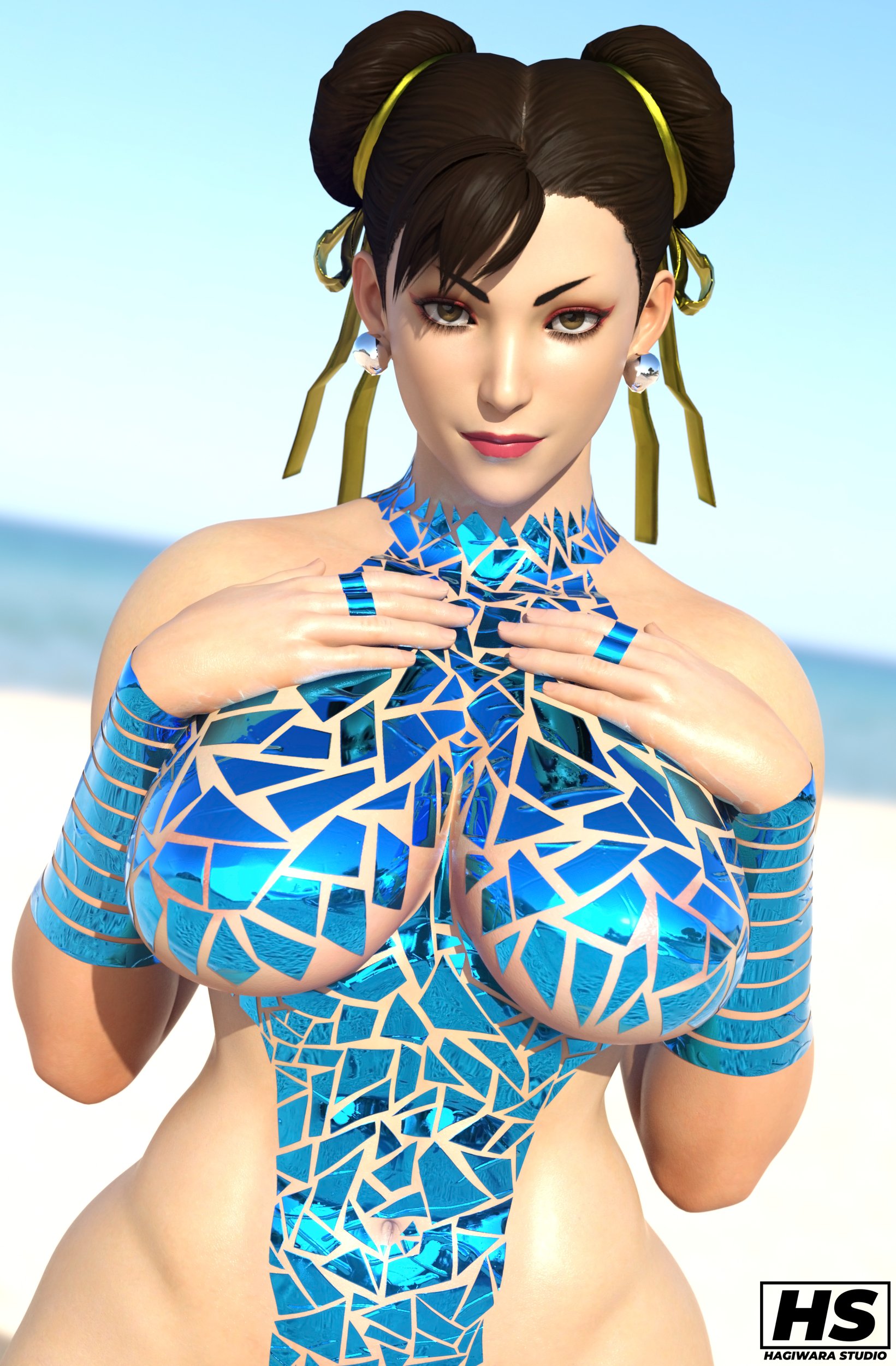 1girls, 3d, abs, artist name, big breasts, black tape project, breasts, brown eyes, brown hair, capcom, chun-li, ear piercing, female, female only, hagiwara studio, hair ribbons, hair up, mature female, milf, muscular, muscular female, navel, solo, solo female, street fighter, street fighter v, tagme, thick thighs, thunder thighs, wide hips