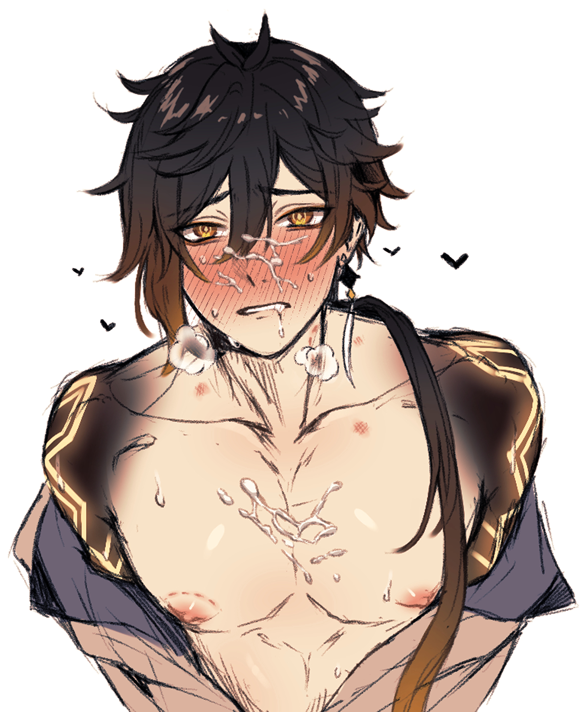 1boy, bite mark on nipple, cum on face, gay, genshin impact, male, male only, white background, yaoi, zhongli (genshin impact)