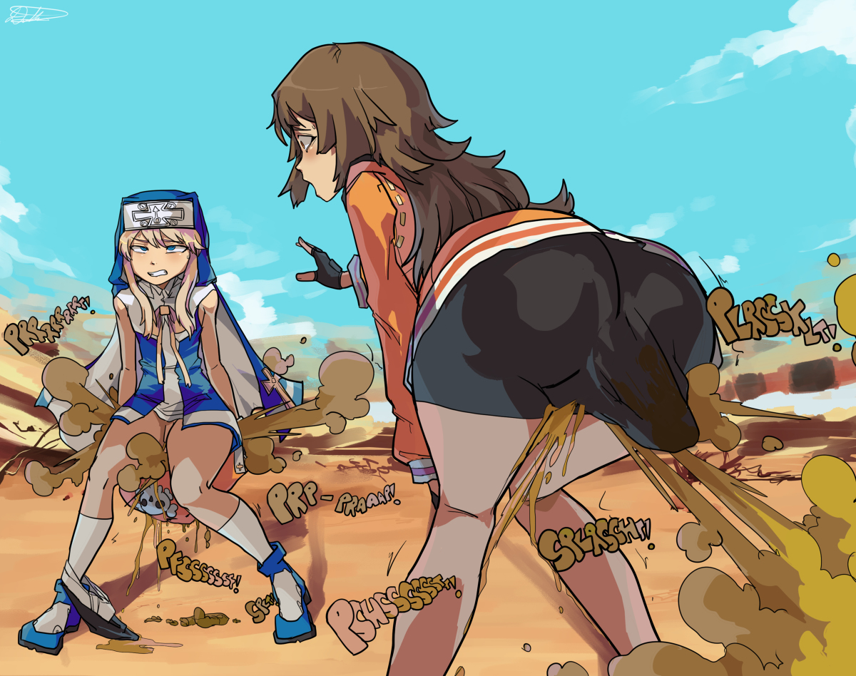 2girls, blonde hair, bridget, brown hair, fart, female, guilty gear, may (guilty gear), panty poop, peeing, scat, shitting, usagaijin