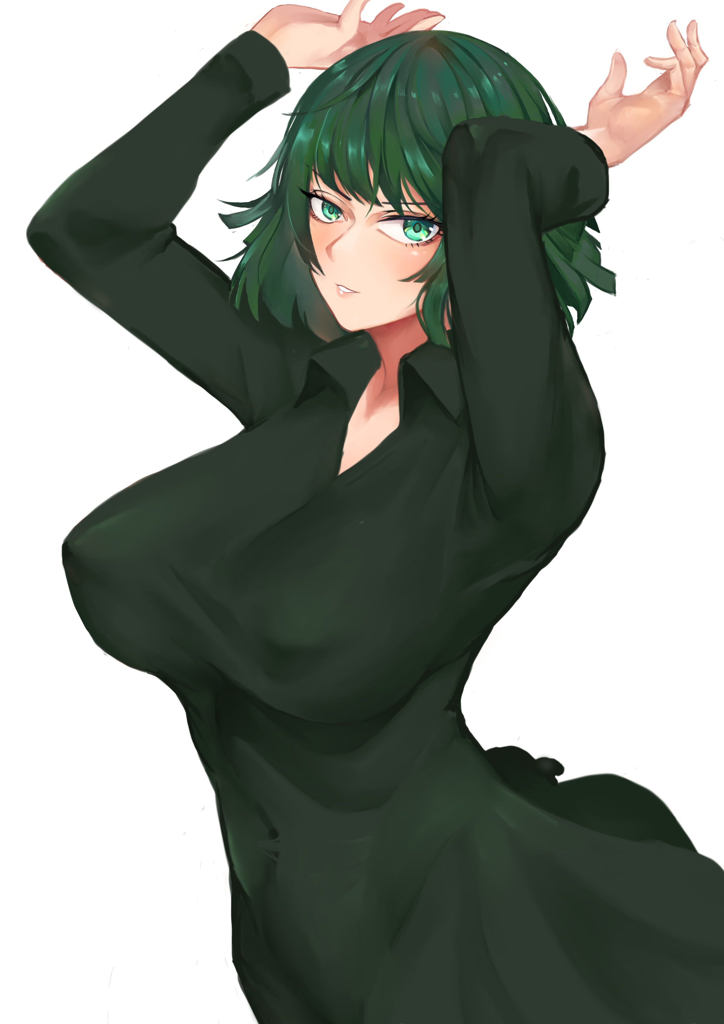 1girls, areola bulge, armpits, arms up, belly, belly button, big breasts, blush, breasts, clothed, clothing, curvaceous, curvy, curvy female, curvy figure, dress, eye contact, eyelashes, female, female focus, female only, fit, fit female, front view, fubuki (one-punch man), green eyes, green hair, happy020508, hips, light skin, light-skinned female, lips, lipstick, looking at viewer, medium hair, navel, nipple bulge, one-punch man, pink lips, pink lipstick, short hair, slim, slim waist, smile, smiling at viewer, solo, solo female, solo focus, thin waist, tight clothing, toned, toned female, voluptuous, white background, wide hips