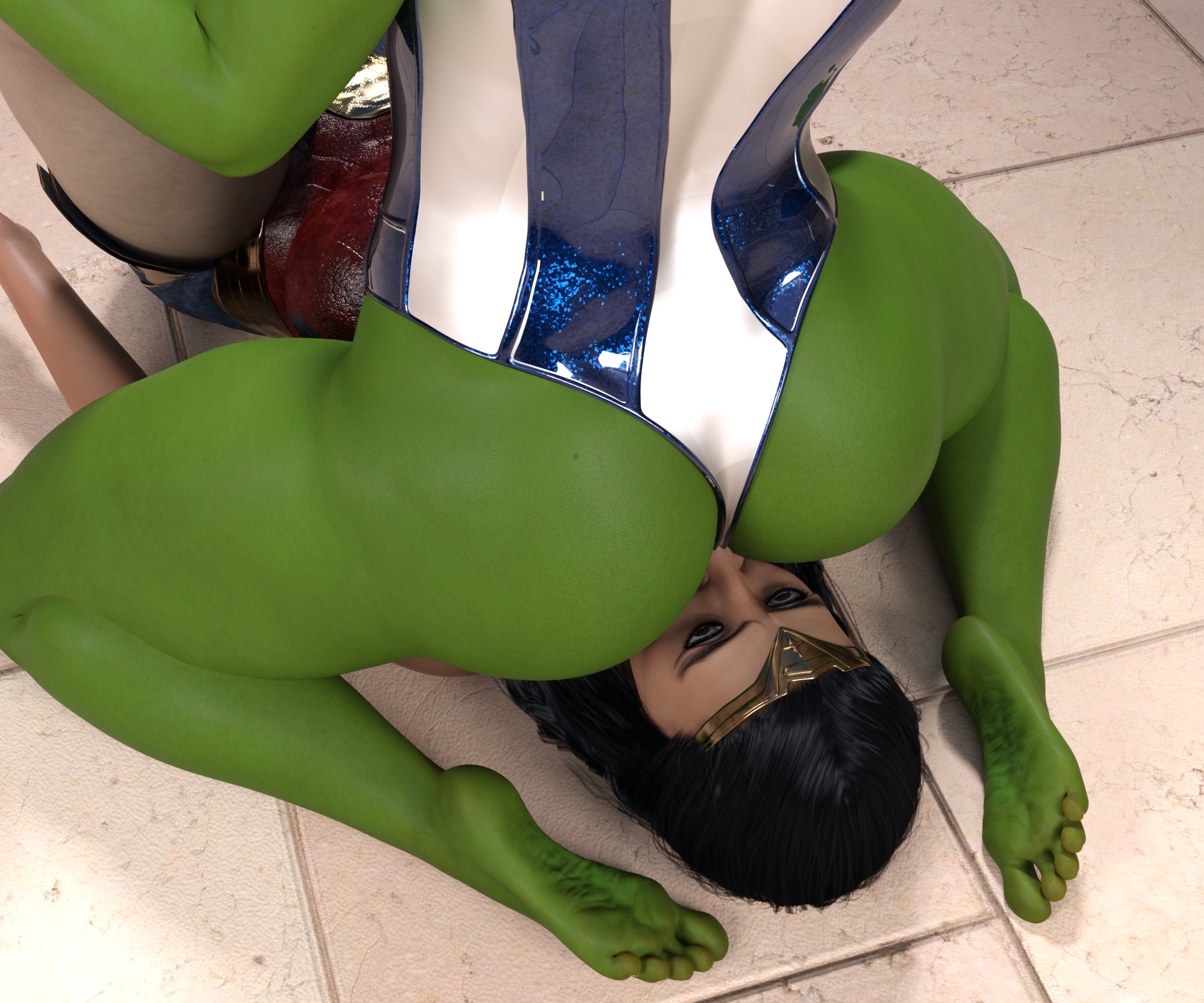 1girls, 3d, 3d (artwork), ass, big ass, black hair, crossover, dc, dc comics, facesitting, feet, female, female focus, female only, femdom, green skin, green-skinned female, highleg leotard, hulk (series), injustice 2, legs, leotard, marvel, marvel comics, nightwingdomination, olive skin, she-hulk, thick thighs, thighs, wonder woman, wonder woman (injustice), wonder woman (series), yuri