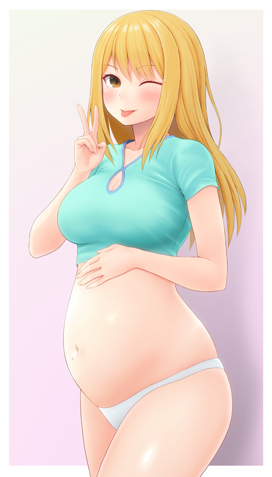 1girls big_breasts blonde_hair blush brown_eyes cleavage crop_top duzimura early_pregnancy eyebrows_visible_through_hair female female_only hand_on_belly light-skinned_female light_skin long_hair looking_at_viewer original panties pregnant simple_background smile solo solo_female tongue_out v white_panties wink yellow_eyes