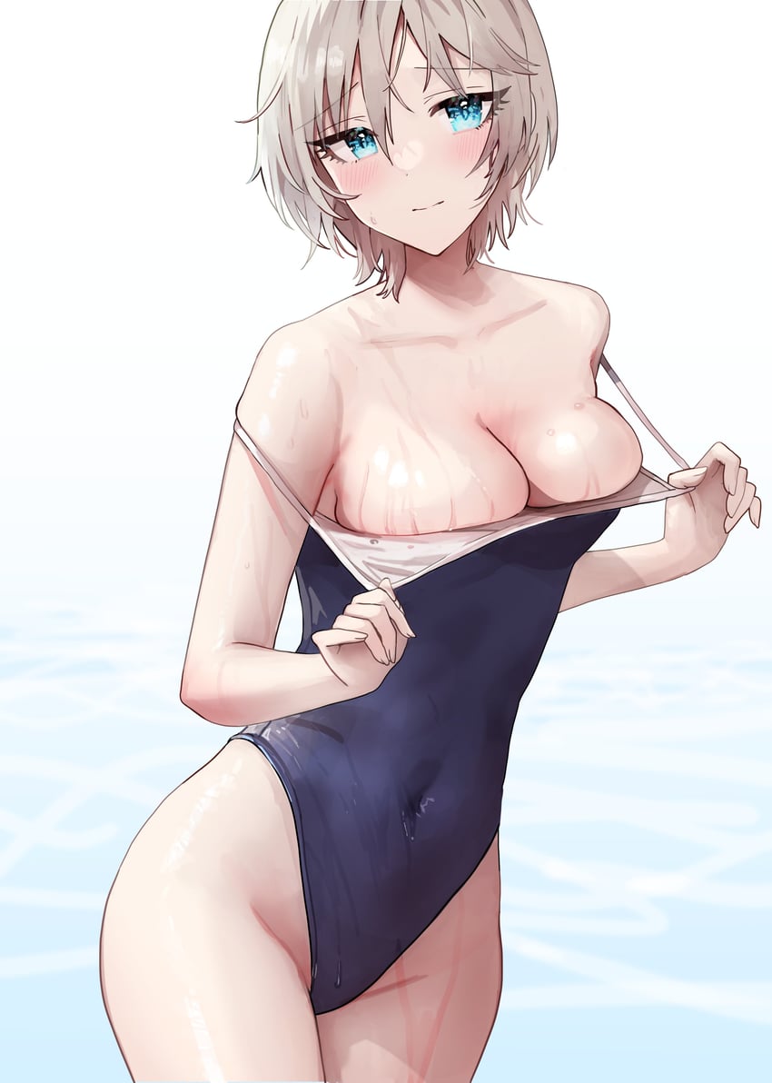 anastasia anastasia_(idolmaster) blue_eyes idolmaster idolmaster_cinderella_girls silver_hair swimsuit tight_clothing water wet white_hair