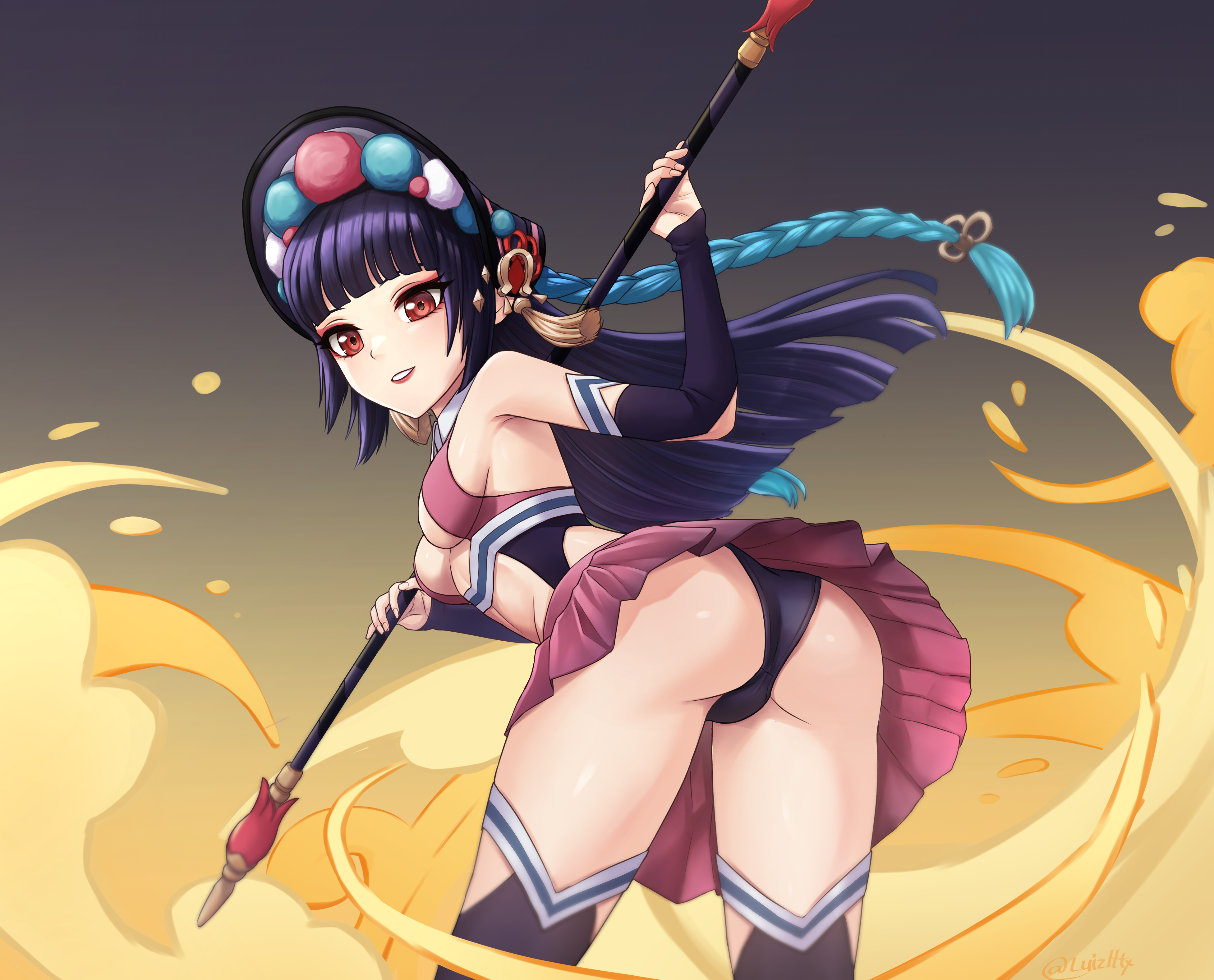 1girls, absurdres, alternate costume, ass, bangs, bare shoulders, black hair, black panties, blunt bangs, bonnet, breasts, center opening, cleavage, dancer, detached sleeves, eyeshadow, female, genshin impact, highres, leaning forward, long hair, looking at viewer, luizhtx, makeup, miniskirt, panties, polearm, red eyes, skirt, sleeveless, smile, smoke, solo, thighhighs, underwear, weapon, weapon over shoulder, yun jin (genshin impact)