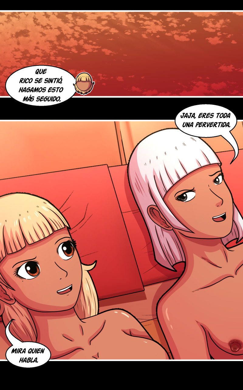 2girls after_sex aftercare best_friends blonde_hair brown_eyes comic comic_page dark-skinned_female female_only grey_eyes holland_earth_stories_(series) ivy_grace multiple_girls oasis_girl sabino_69_stories spanish_text tabia_(sabino69stories) white_hair