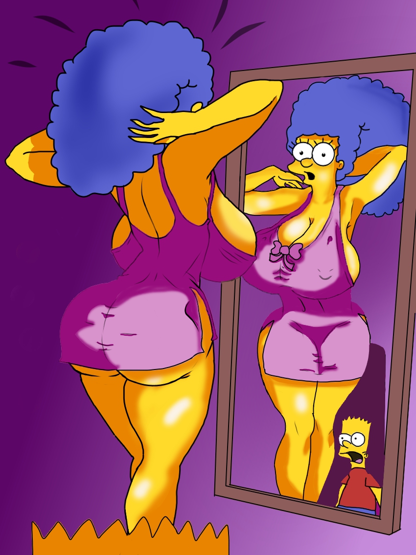 1girls, alternate breast size, ass, bart simpson, big ass, big breasts, breasts, caught, female, huge breasts, implied incest, lingerie, marge simpson, milf, nightgown, shocked, shocked expression, solo, surprised, the simpsons, thick, thick ass, thick thighs, voluptuous, walked in on