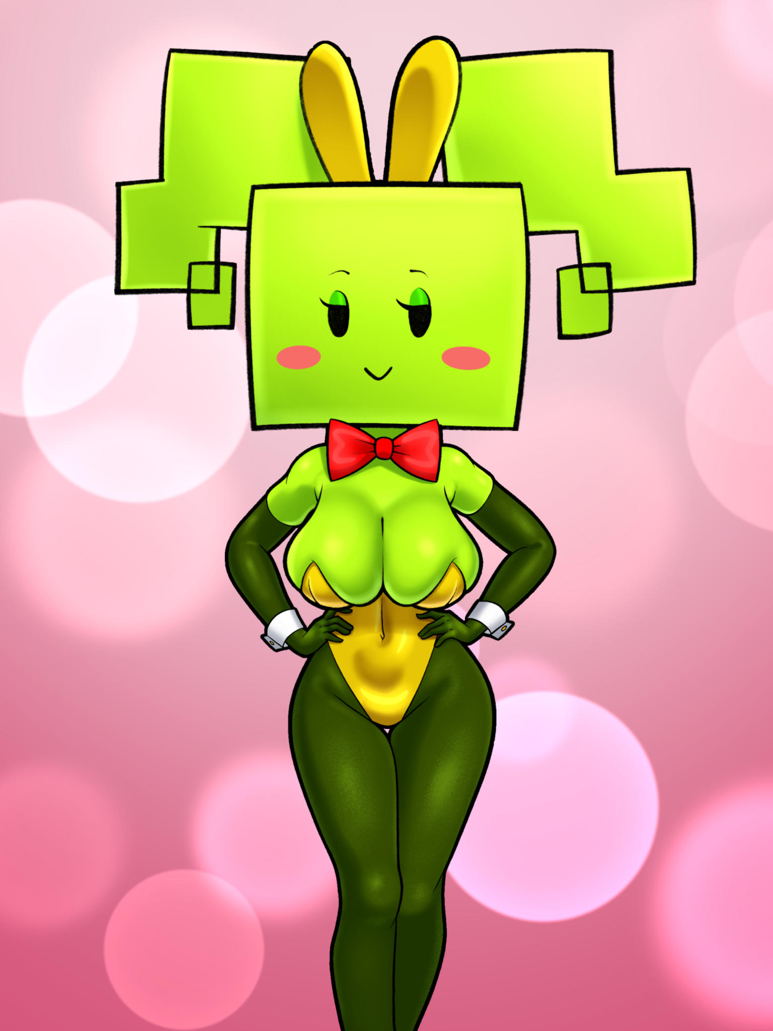 :>, 1girls, 2022, 2d, big breasts, bowtie, breasts, bunny ears, bunnysuit, cleavage, clothed, clothing, elbow gloves, female, female focus, female only, gloves, green body, green skin, green-skinned female, hands on hips, hi res, highres, looking at viewer, mario (series), mimi (super paper mario), mob face, navel, nintendo, paper mario, pink background, png, portrait, pose, posing, simple background, sleepiitreat, solo, solo female, solo focus, standing, tits, twintails, video games, wide hips, wrist cuffs